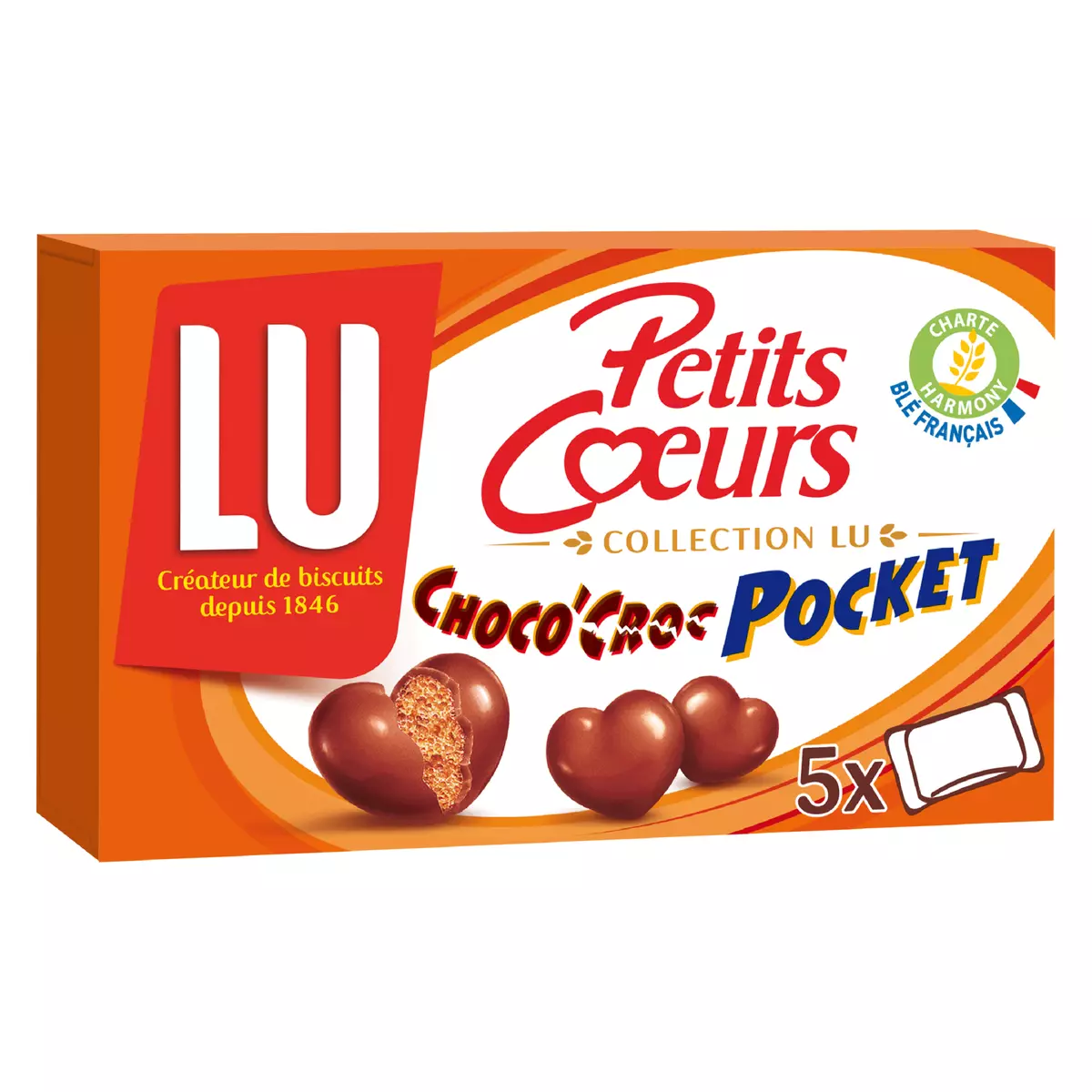 LU Petits cœurs choco'croc pocket biscuits enrobés de chocolat au lait, sachets individuels 5 sachets 180g