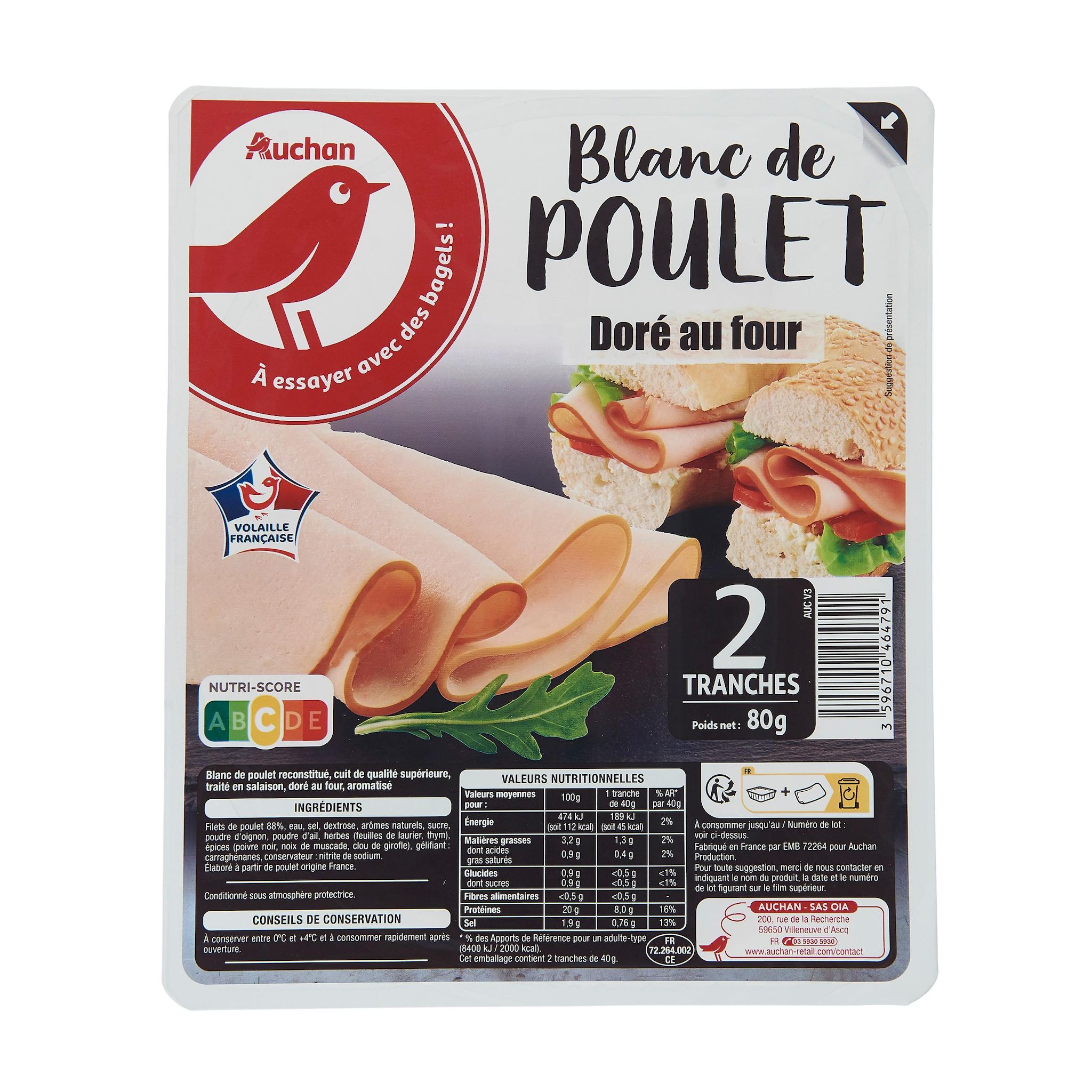 Voir la diapositive 2 : AUCHAN Blanc de poulet 2 tranches 80g