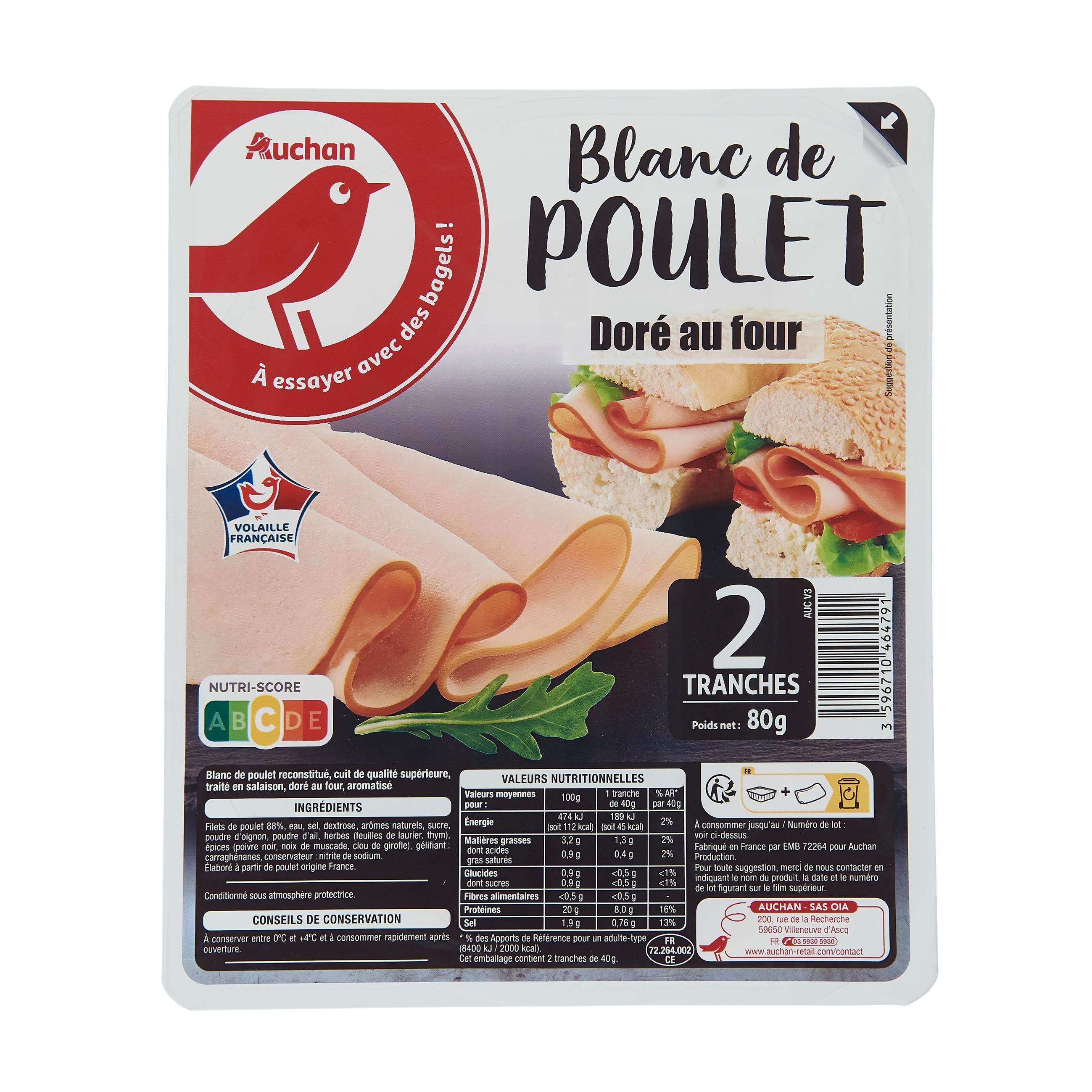 Voir la diapositive 3 : AUCHAN Blanc de poulet 2 tranches 80g