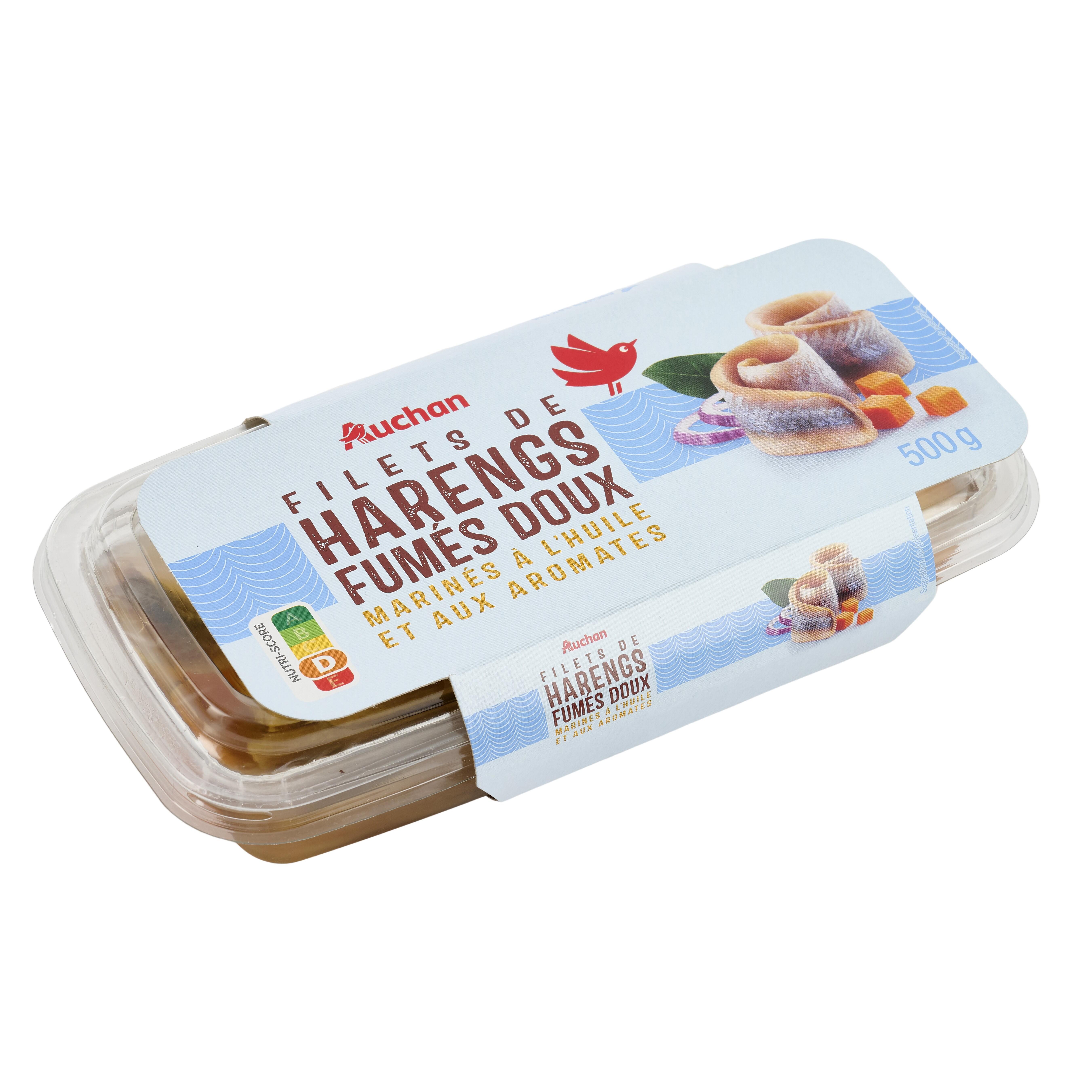 Voir la diapositive 2 : AUCHAN Filets de hareng fumés doux 500g