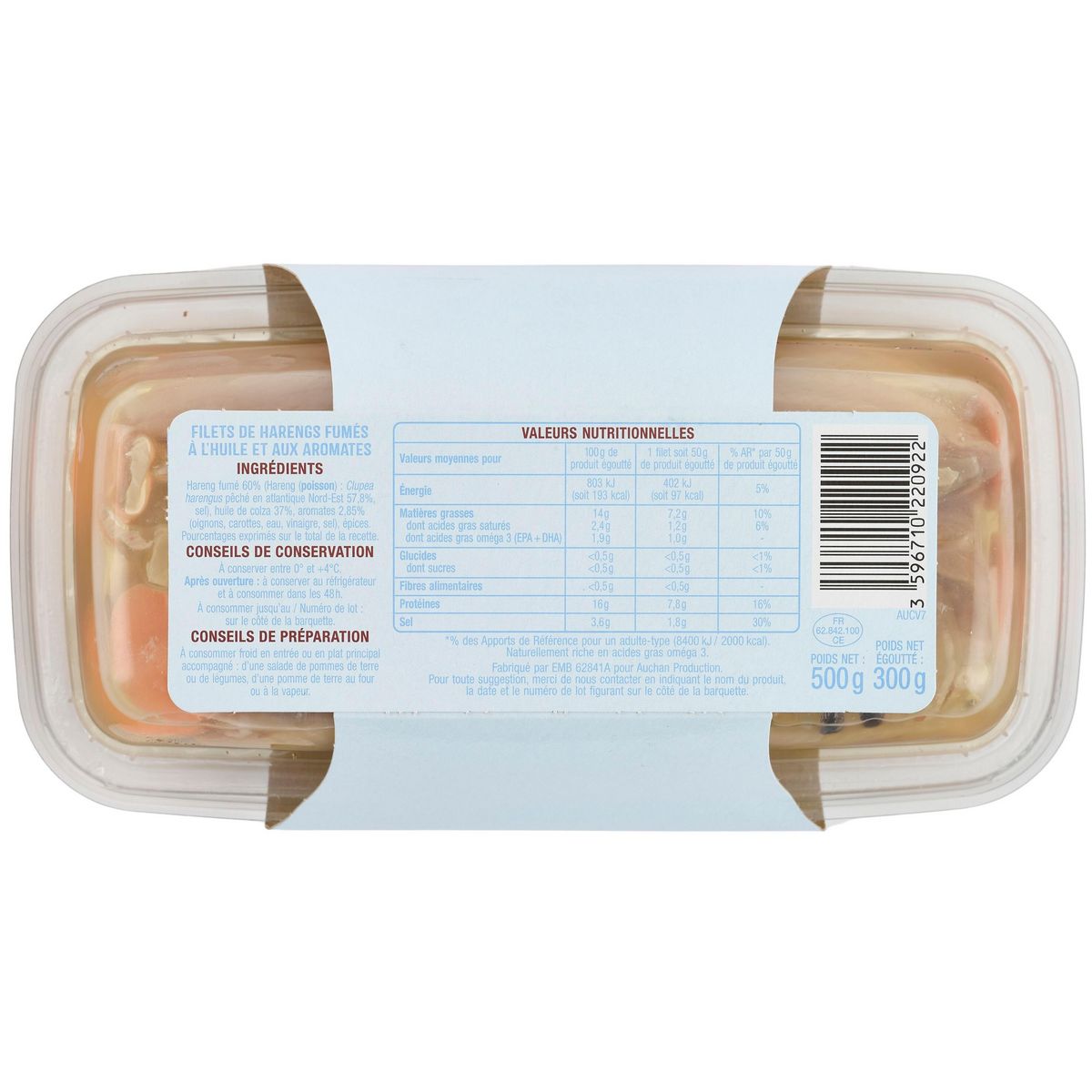 AUCHAN Filets de hareng fumés doux 500g