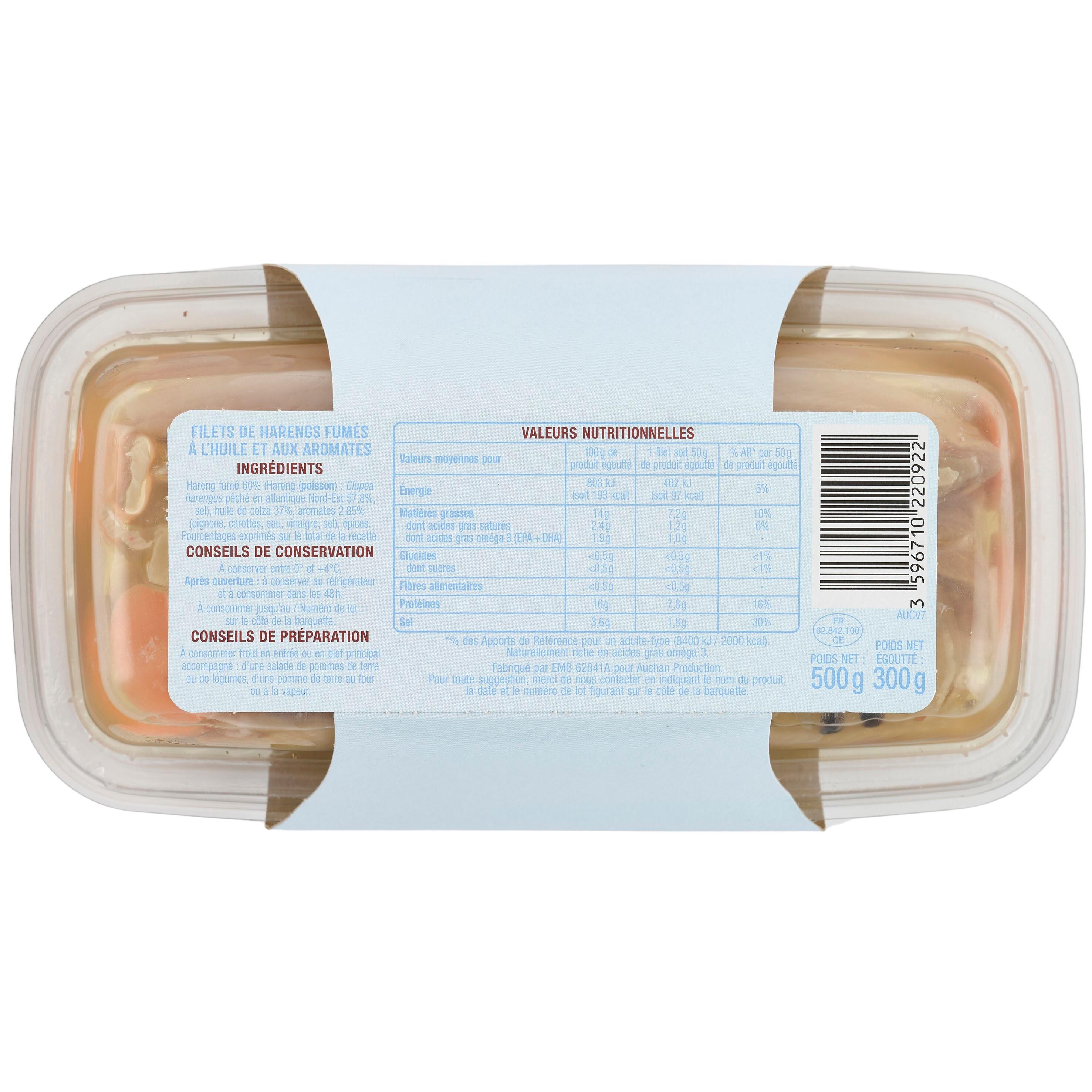 Voir la diapositive 3 : AUCHAN Filets de hareng fumés doux 500g
