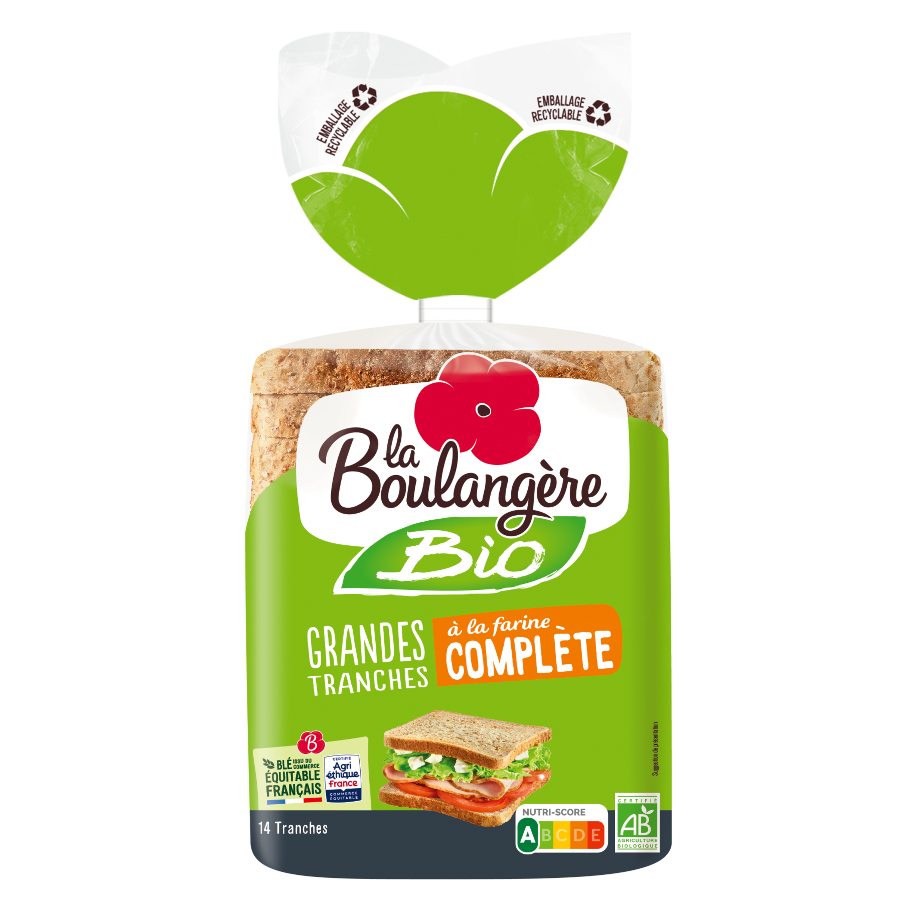 Voir la diapositive 2 : LA BOULANGERE Pain de mie bio à la farine complète grandes tranches 14 tranches 500g