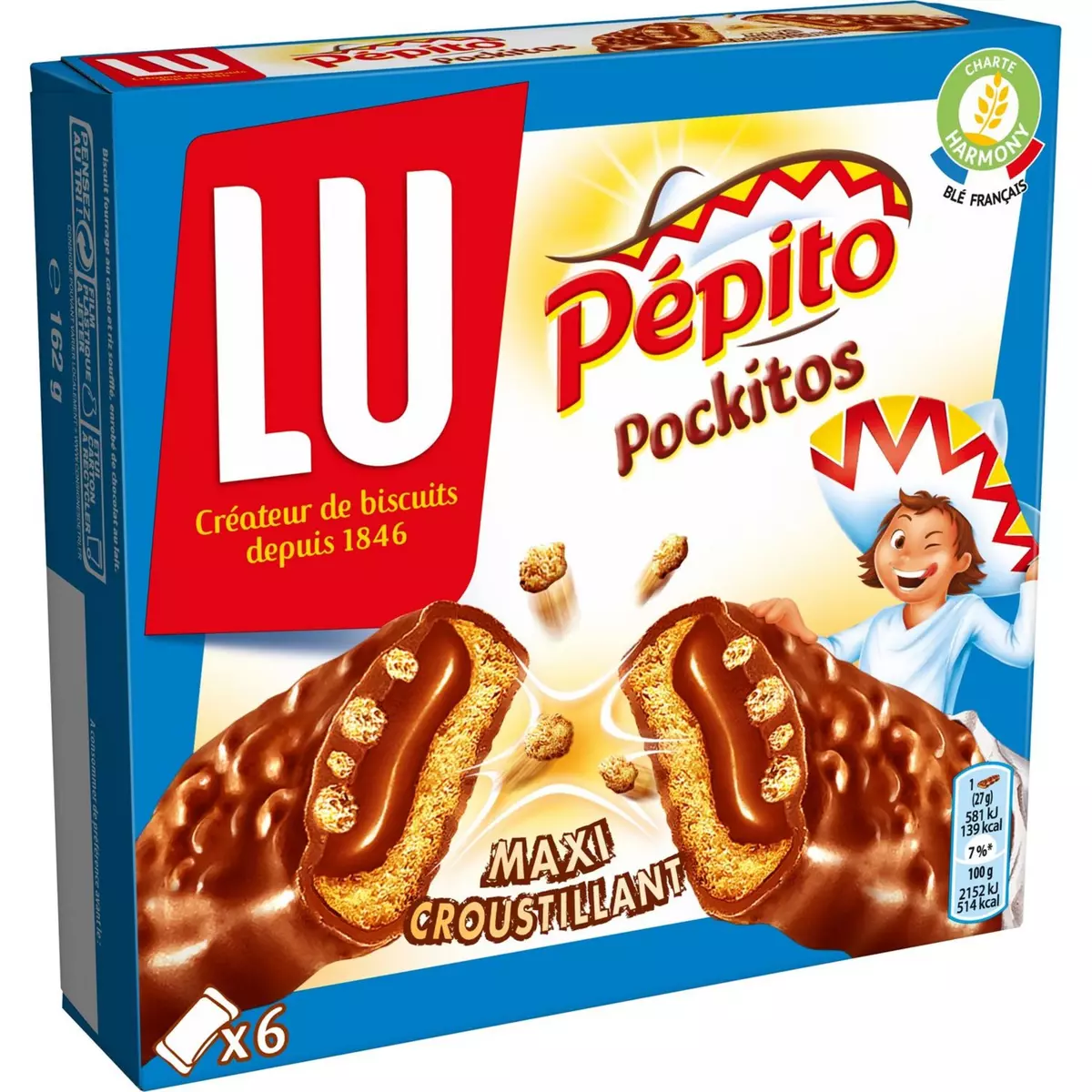 PEPITO Pockitos biscuits barres croustillantes au chocolat au lait et riz soufflé, sachets individuels 6 biscuits 162g