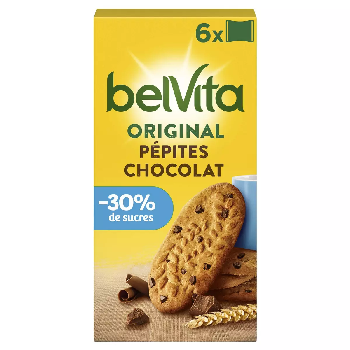 BELVITA Biscuits petit-déjeuner pépites de chocolat -30% de sucre sachets fraîcheur 6x4 biscuits 300g