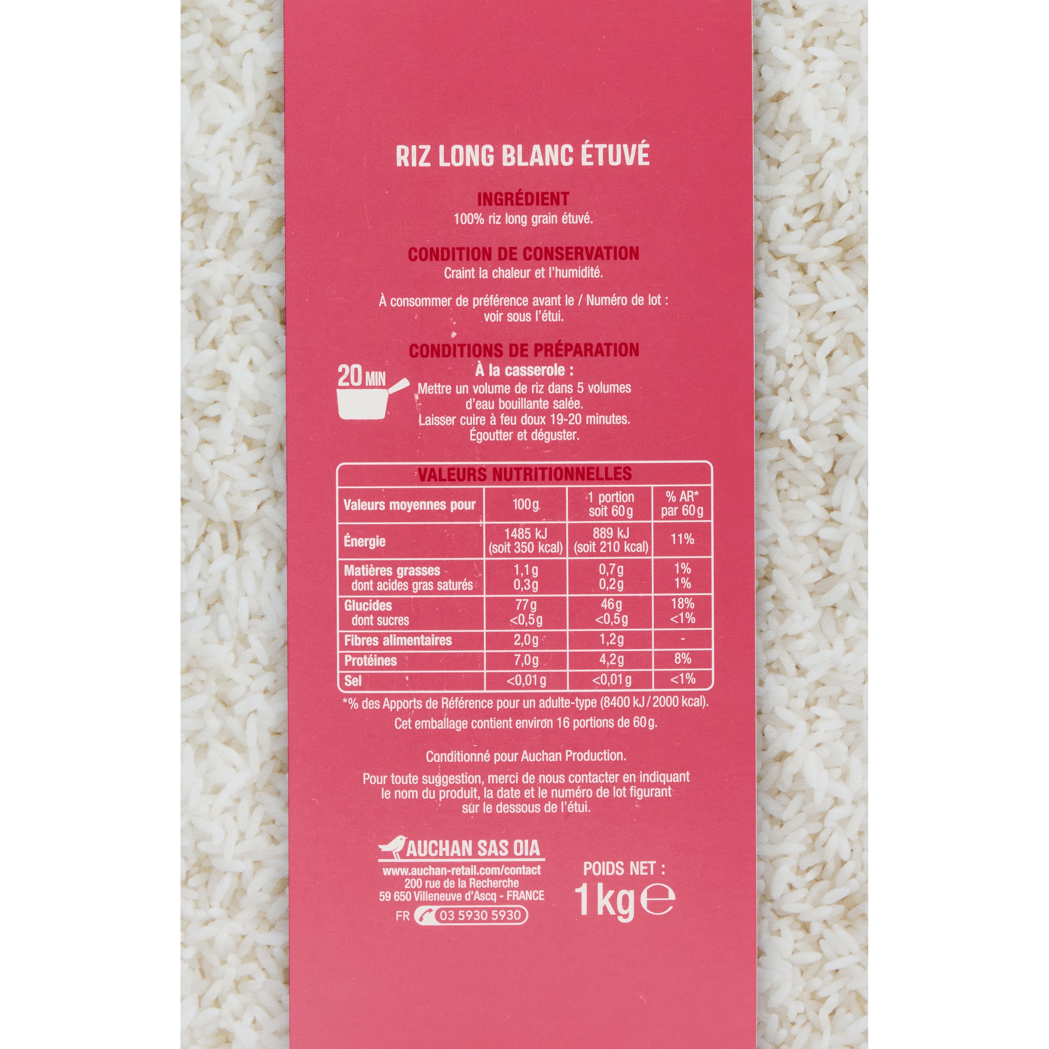 Voir la diapositive 2 : AUCHAN Riz long grain incollable 1kg