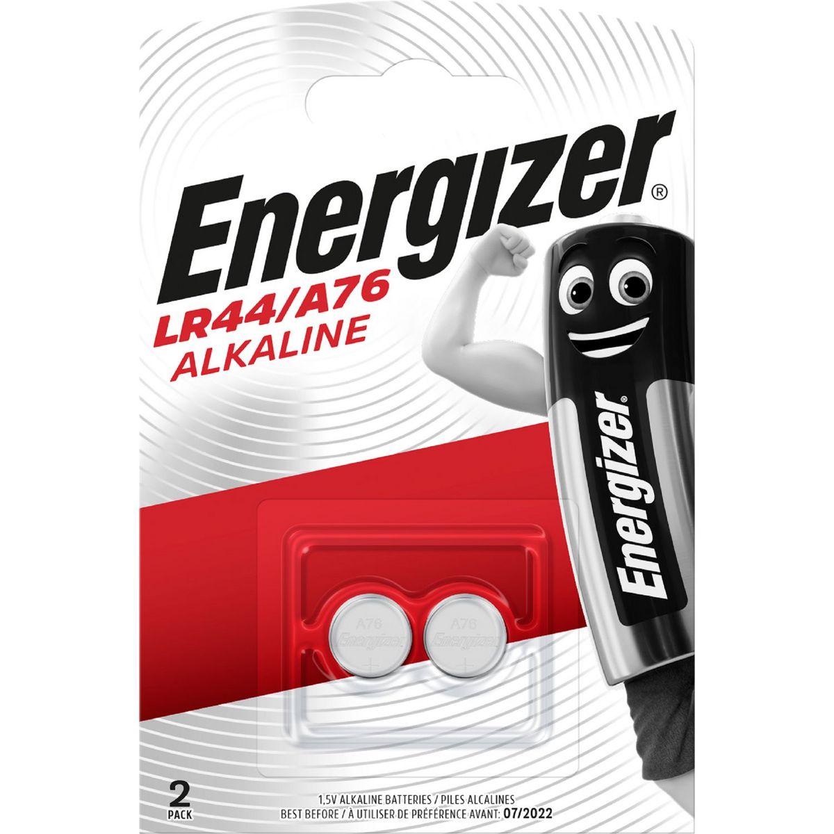 ENERGIZER Lot de 2 Piles-boutons, Alcaline, LR44, 175mAh, 1.5V