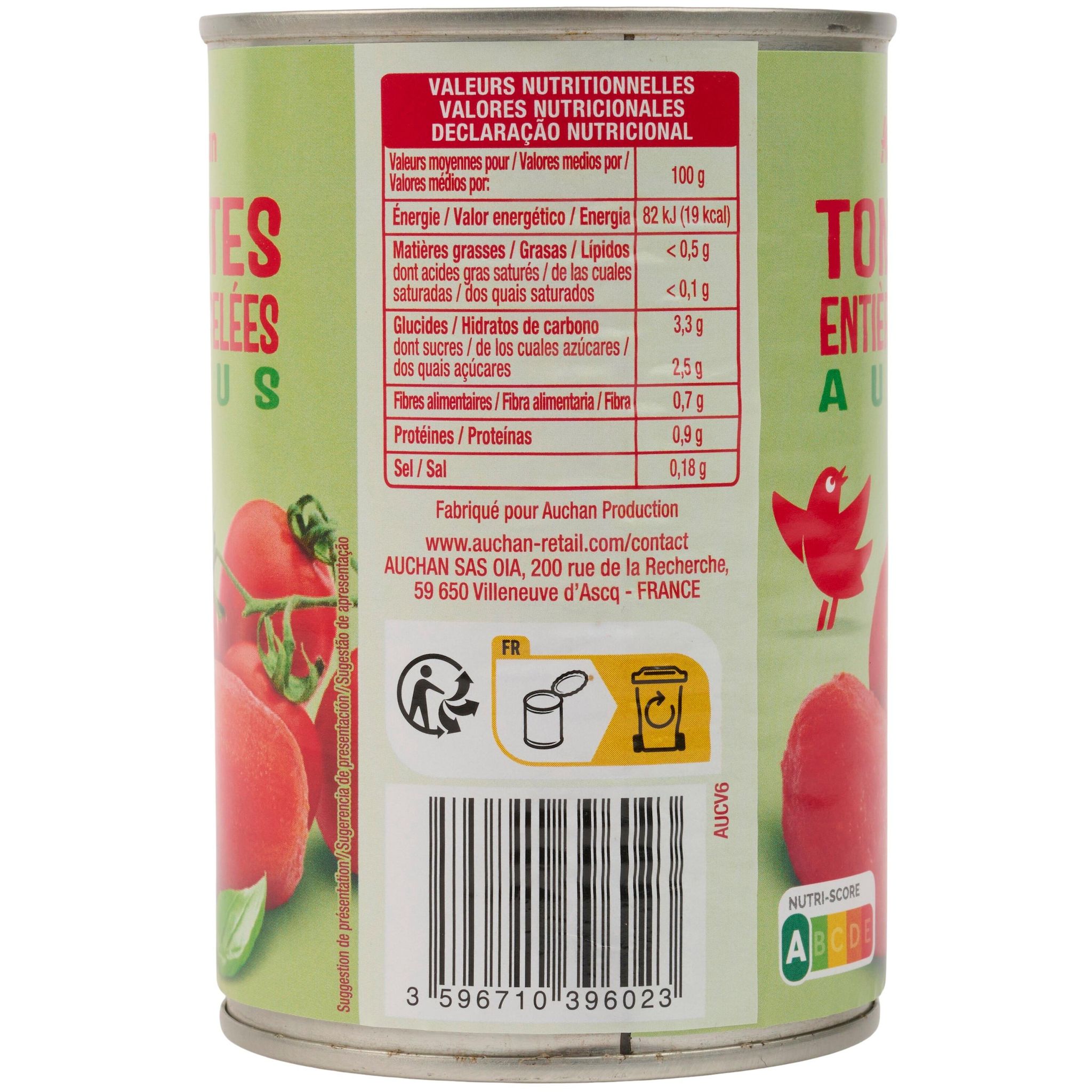 Voir la diapositive 2 : AUCHAN Tomates entières pelées au jus 240g