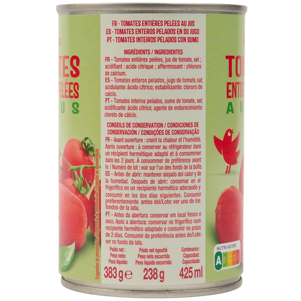 AUCHAN Tomates entières pelées au jus 240g