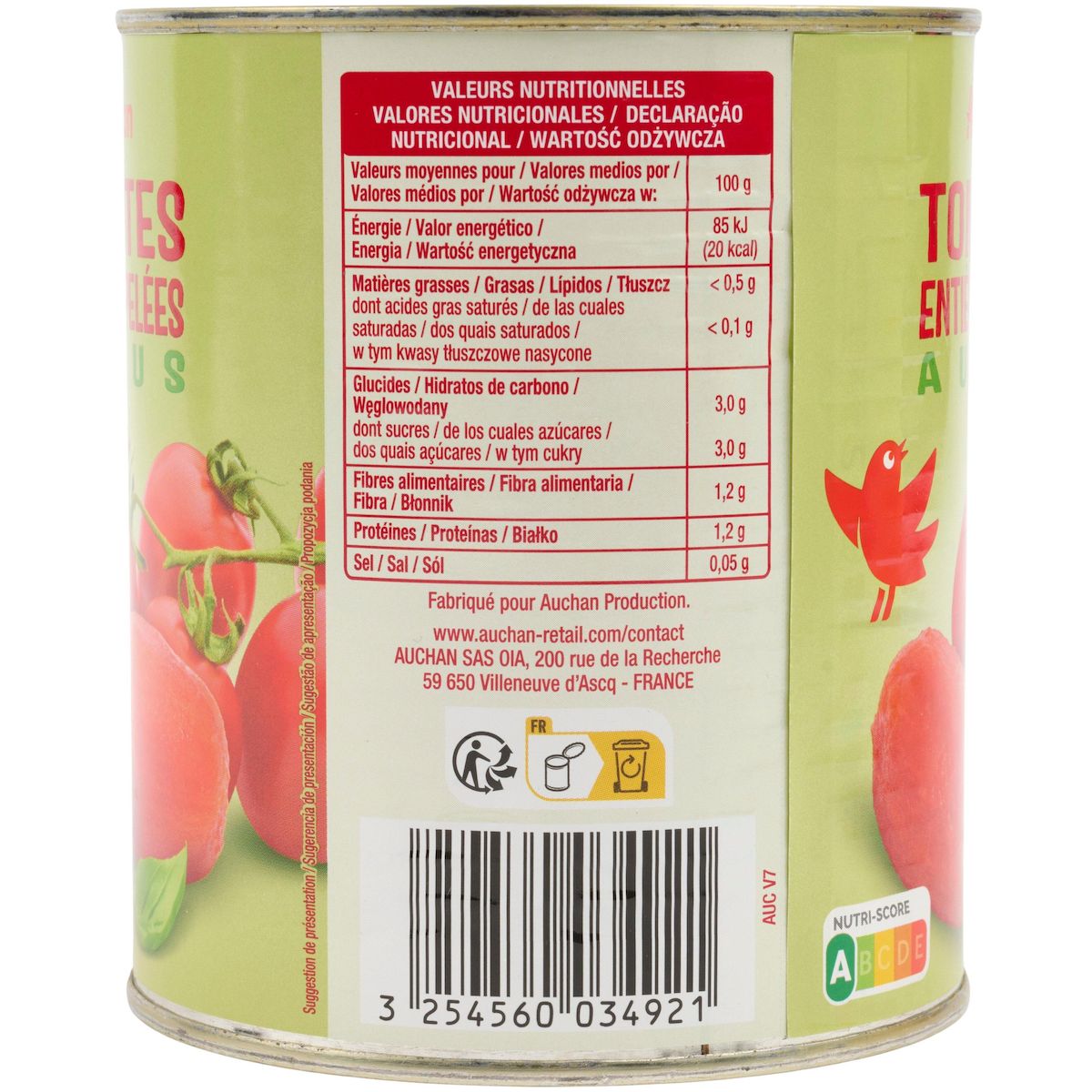 AUCHAN Tomates entières pelées au jus 480g