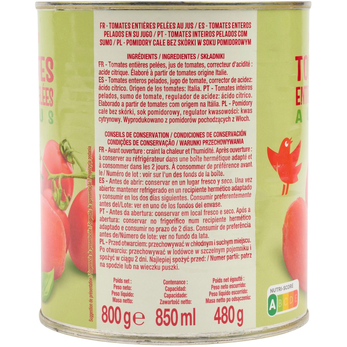 AUCHAN Tomates entières pelées au jus 480g