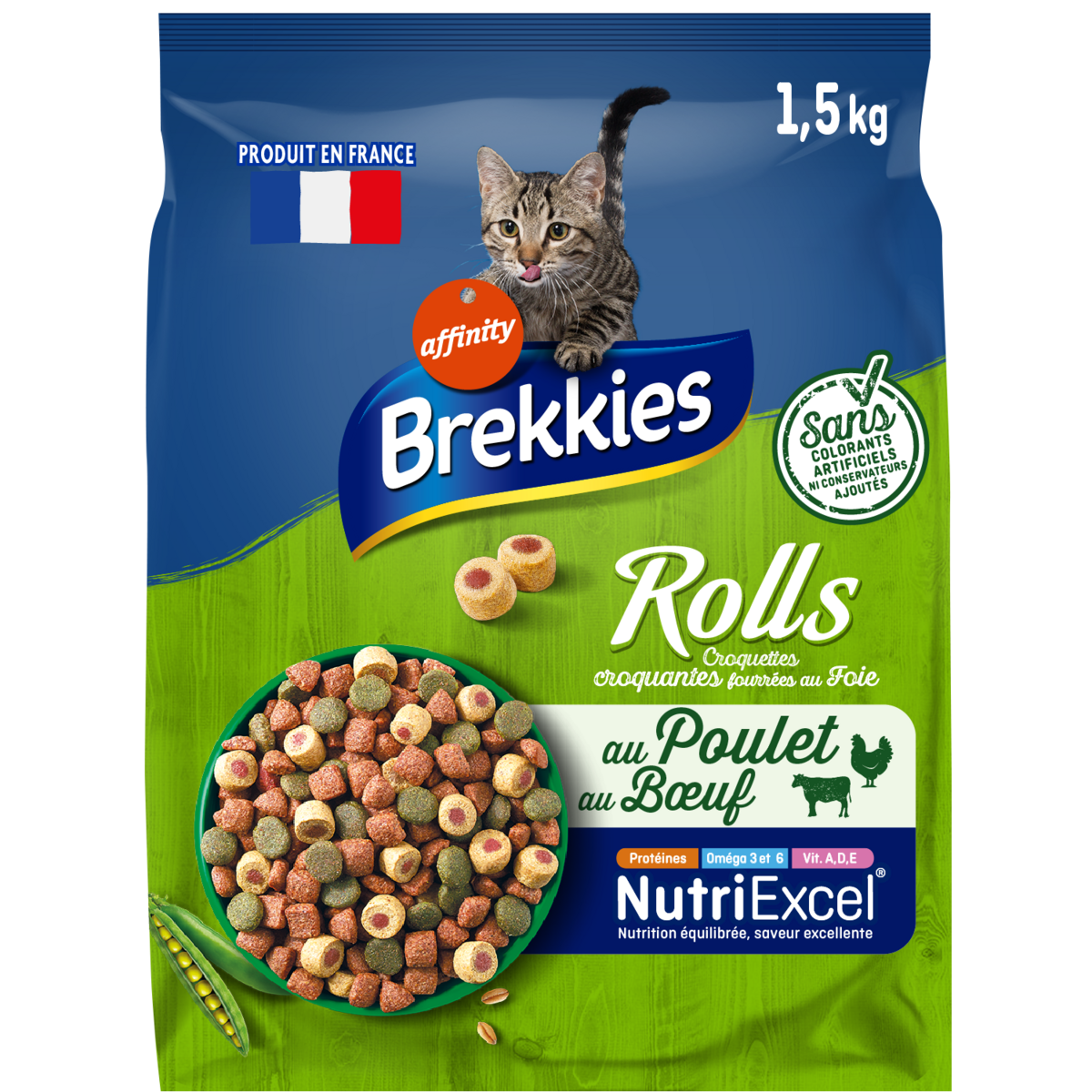 BREKKIES Rolls croquettes au boeuf poulet légumes pour chat 1,5kg