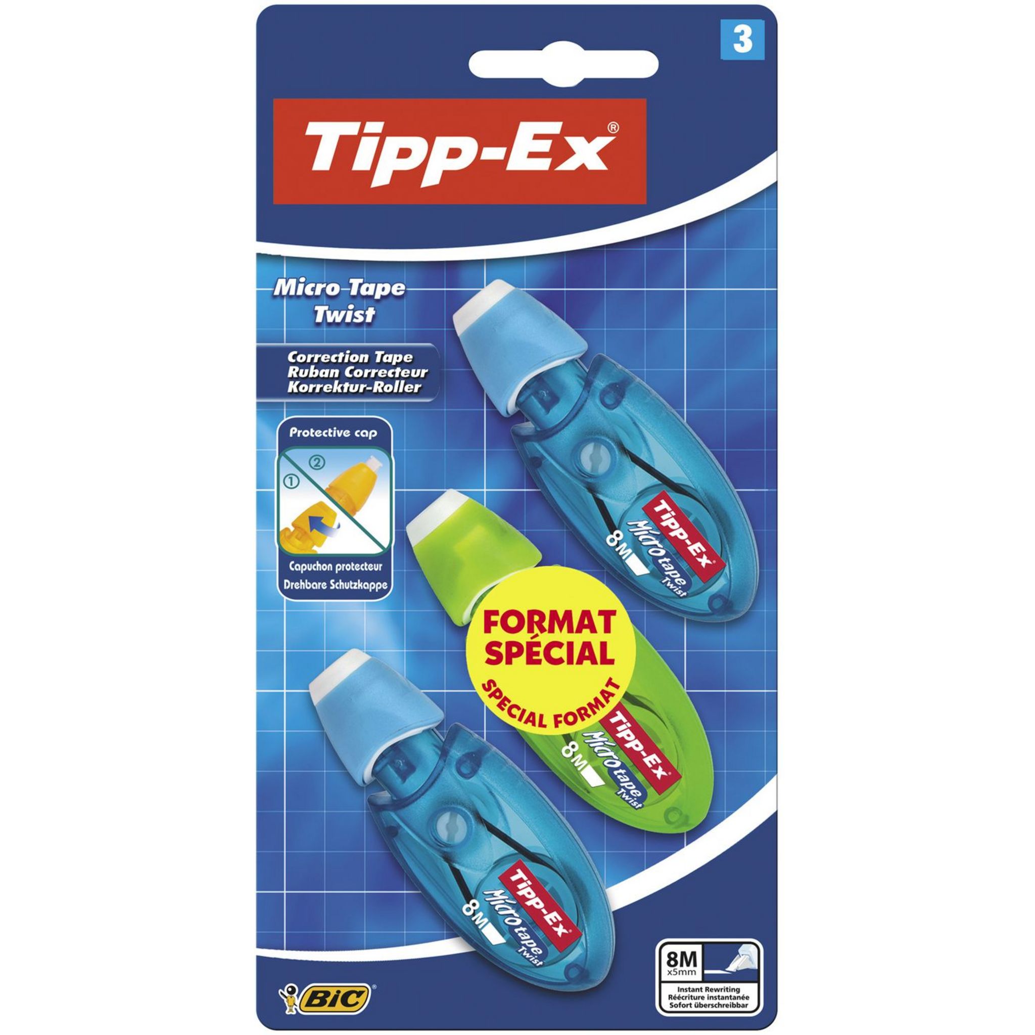 BIC Lot de 3 souris correctrices Tipp-ex 8m avec capuchon Micro Tape Twist bleu et vert