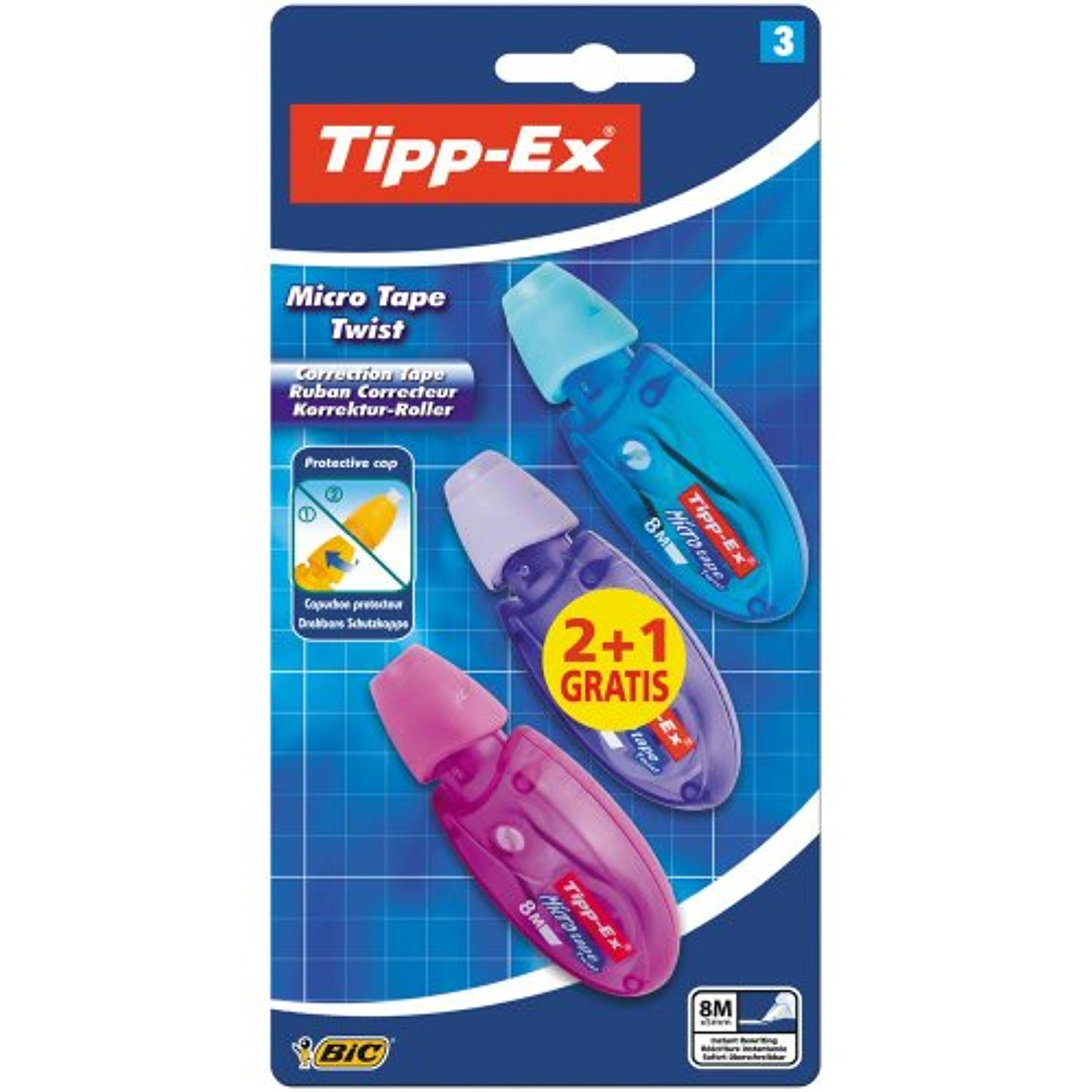 Voir la diapositive 3 : BIC Lot de 3 souris correctrices Tipp-ex 8m avec capuchon Micro Tape Twist bleu et vert