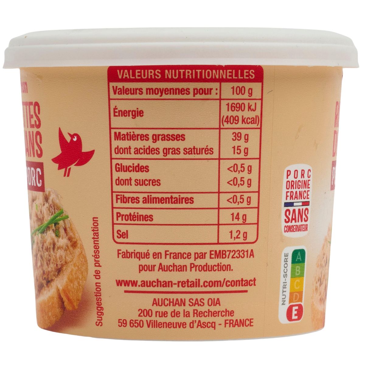 AUCHAN Rillettes du Mans pur porc 110g