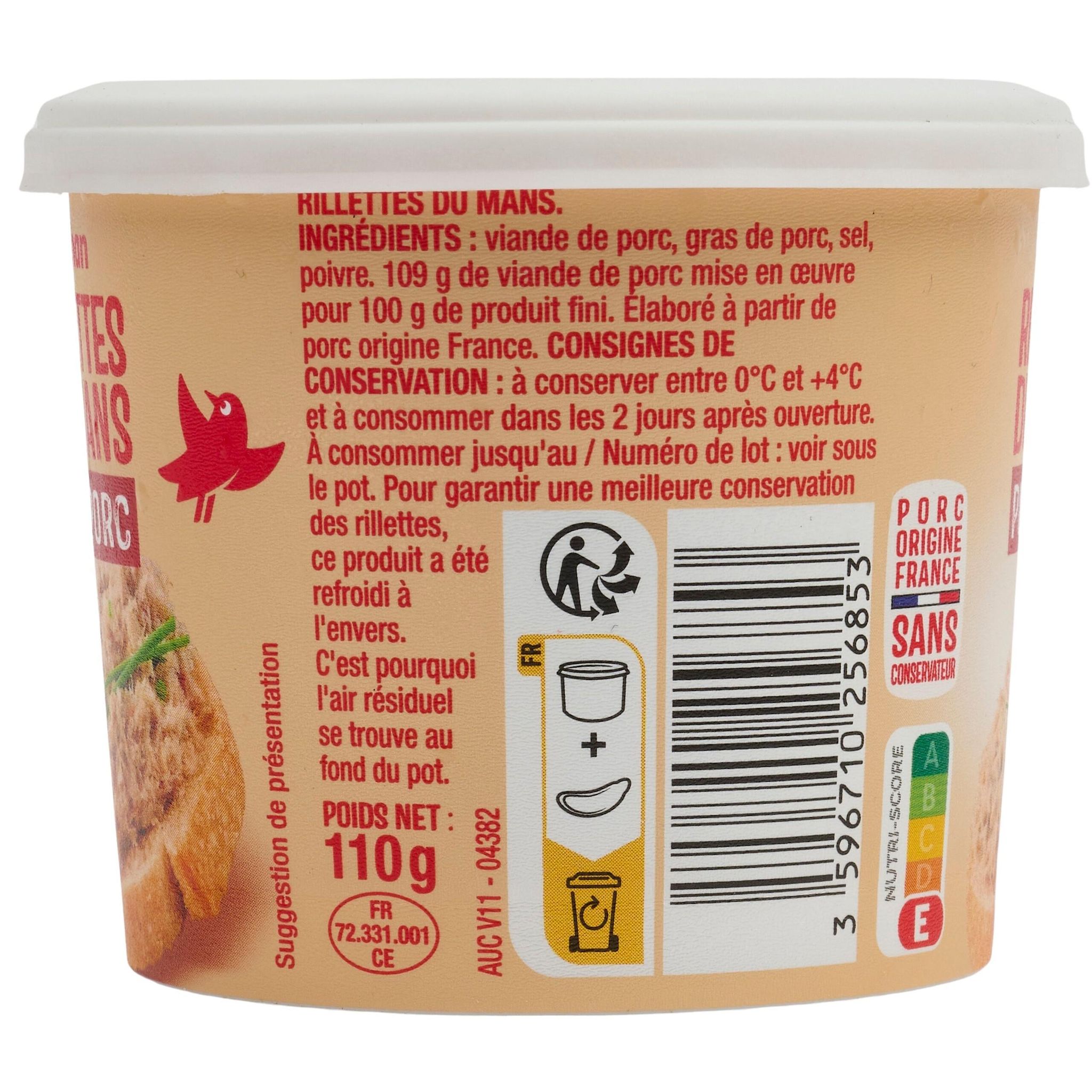 Voir la diapositive 3 : AUCHAN Rillettes du Mans pur porc 110g