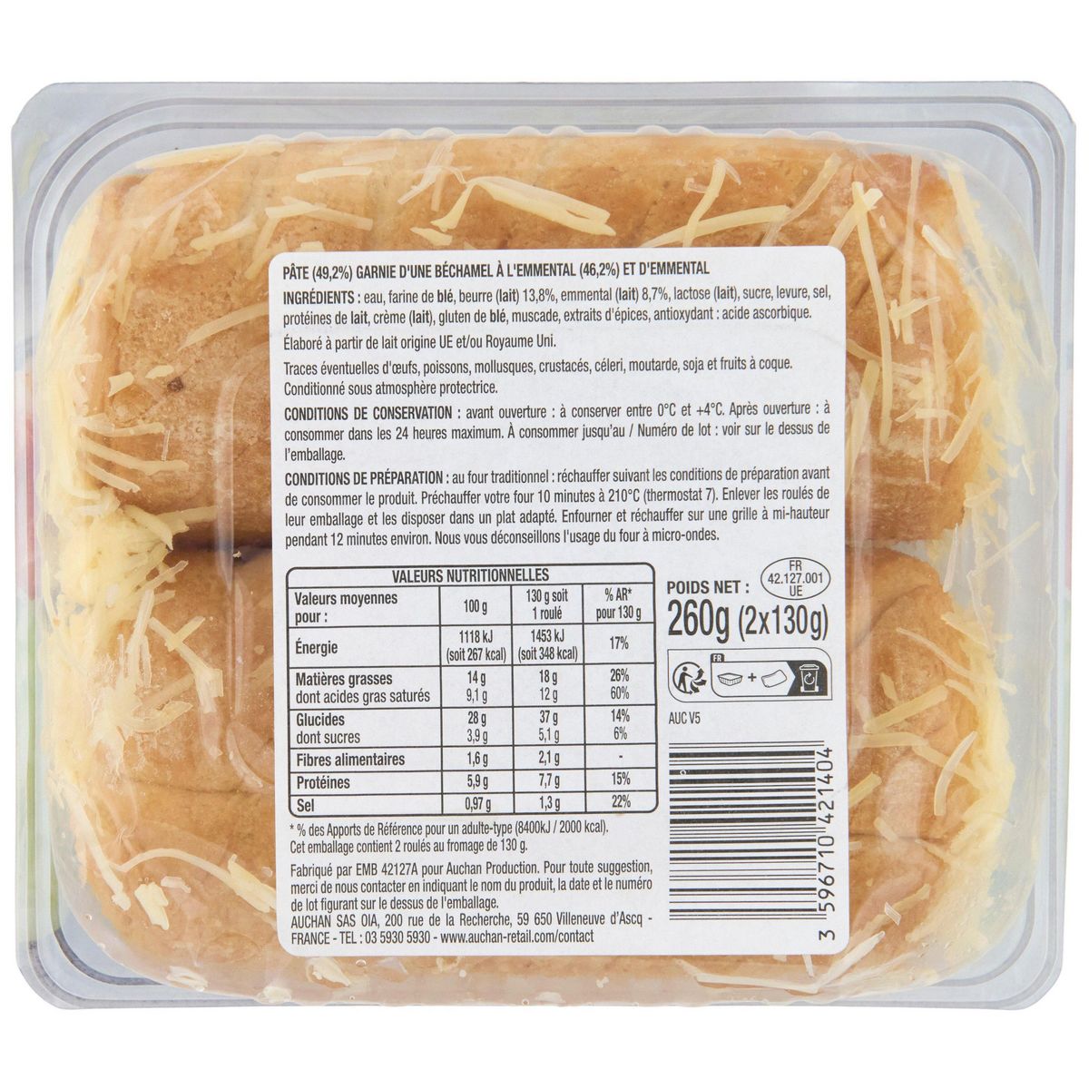 AUCHAN Roulé au fromage 2 pièces 260g