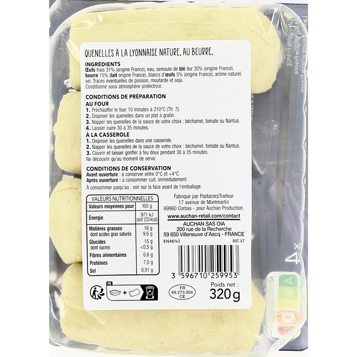 AUCHAN TERROIR Quenelle lyonnais nature 4 pièces 320g