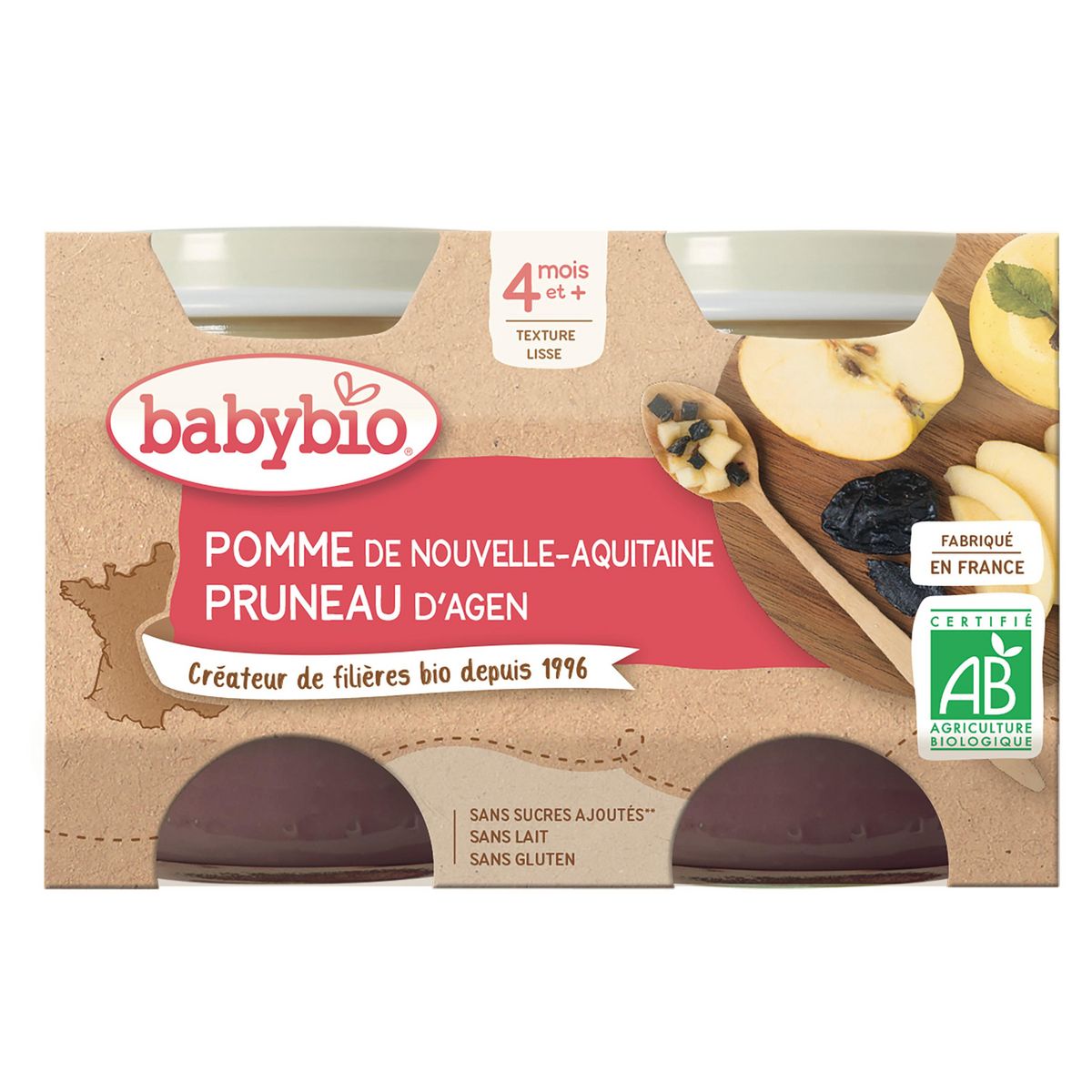 BABYBIO Petit pot dessert pomme pruneau bio dès 4 mois 2x130g