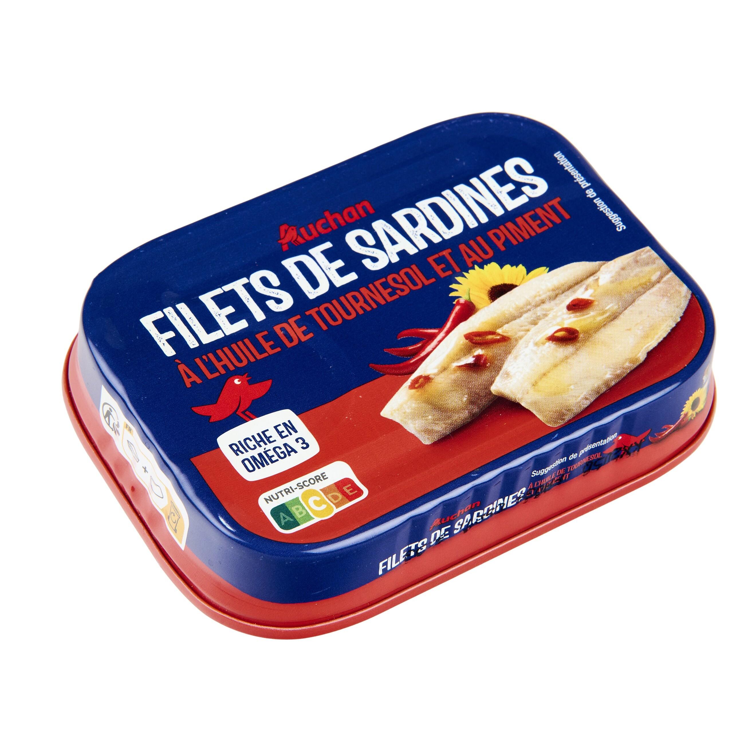 Voir la diapositive 2 : AUCHAN Filets de sardines à l'huile de tournesol et au piment 100g