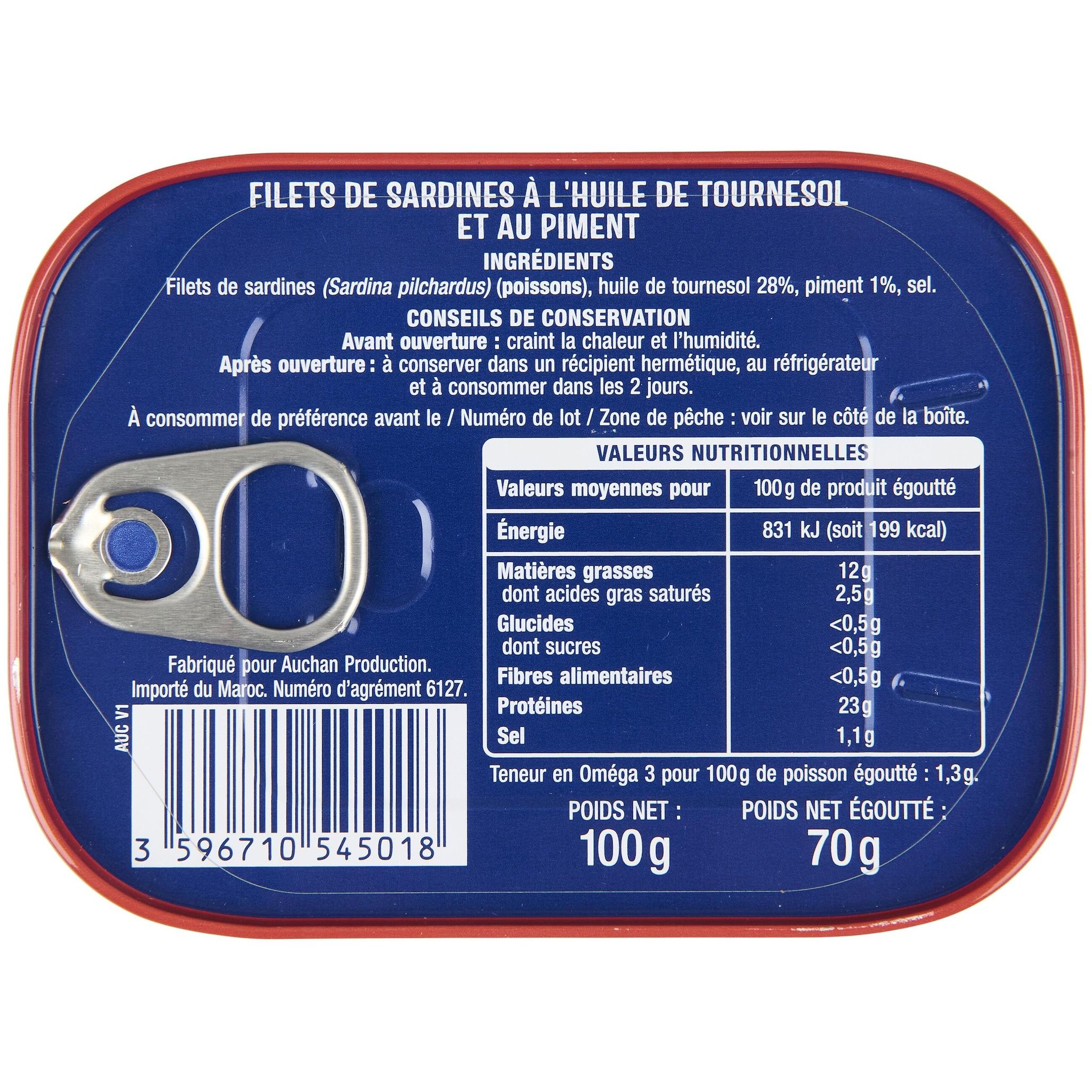Voir la diapositive 2 : AUCHAN Filets de sardines à l'huile de tournesol et au piment 100g