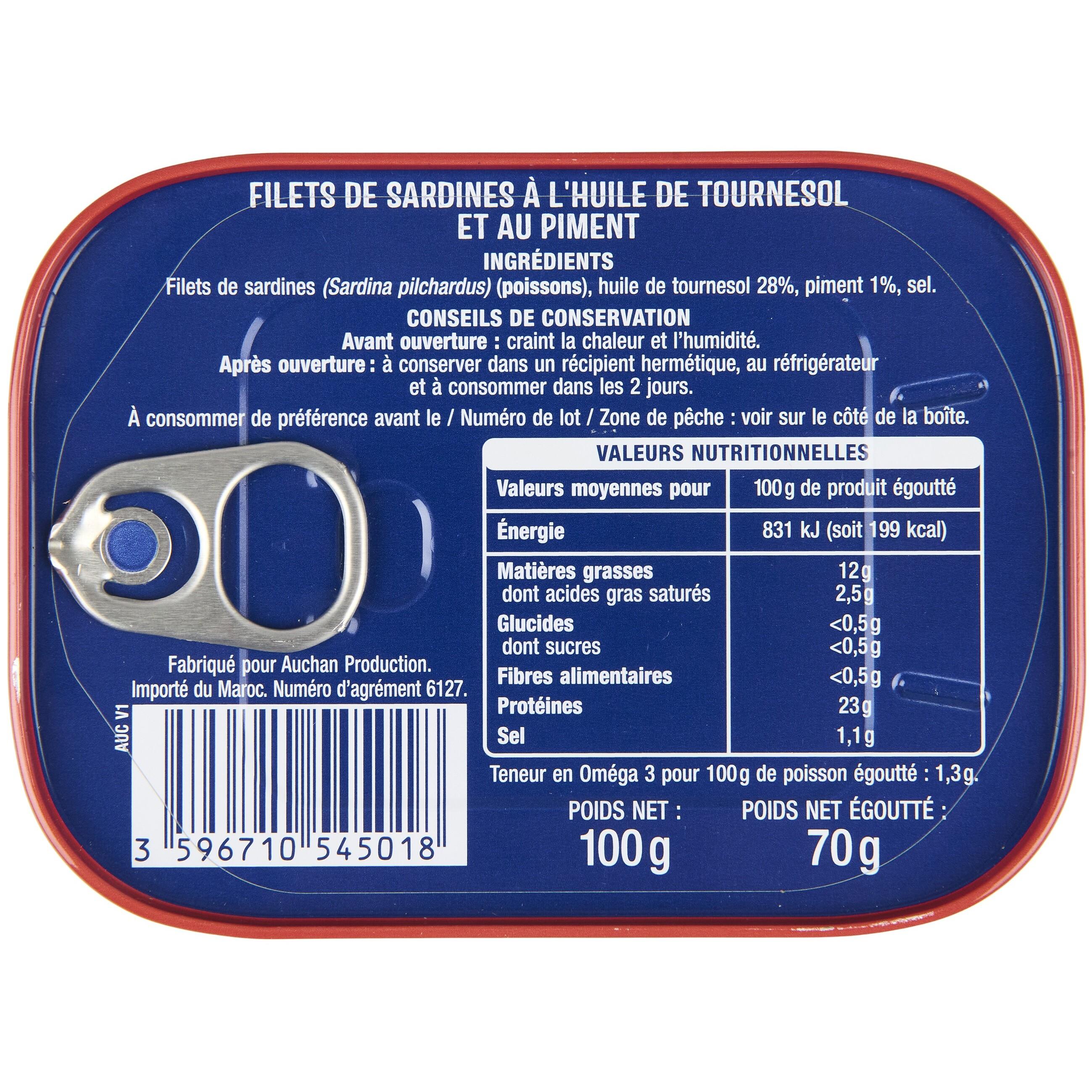 Voir la diapositive 3 : AUCHAN Filets de sardines à l'huile de tournesol et au piment 100g