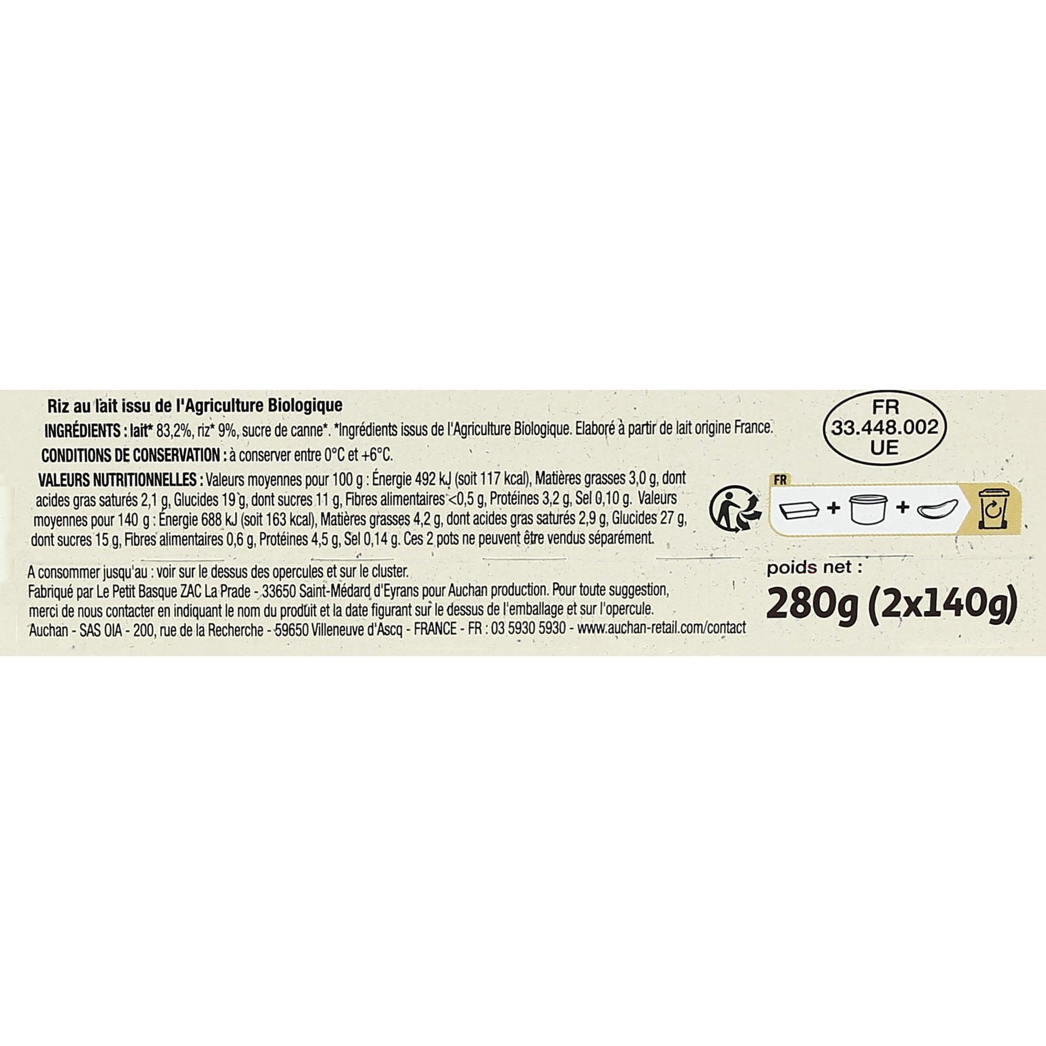 Voir la diapositive 2 : AUCHAN BIO Riz au lait nature 2x140g