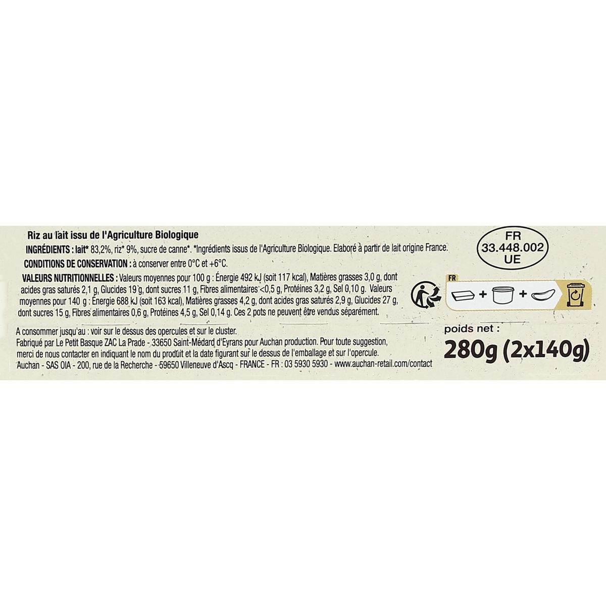 AUCHAN BIO Riz au lait nature 2x140g