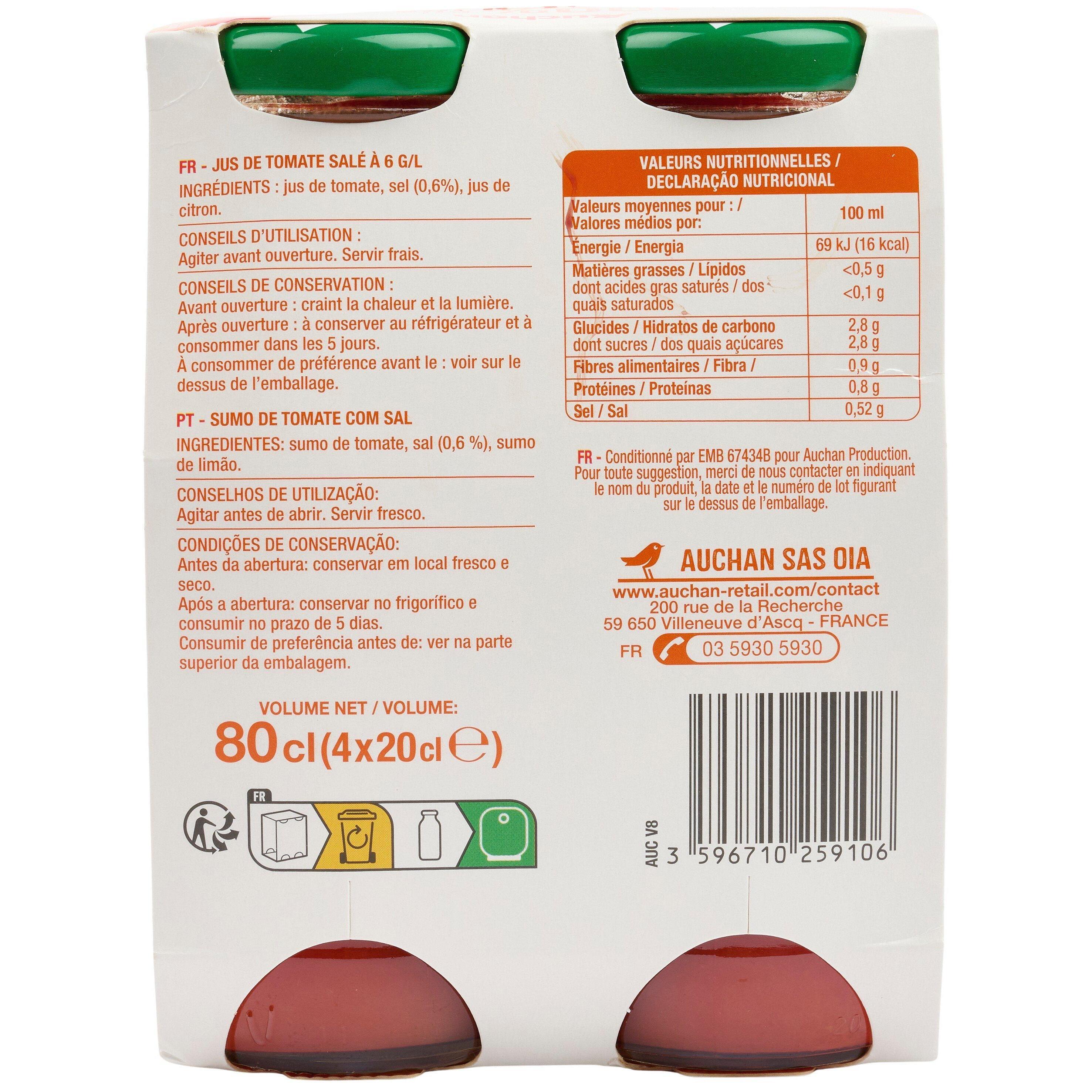 Voir la diapositive 2 : AUCHAN Pur jus de tomate bouteilles 4X20cl