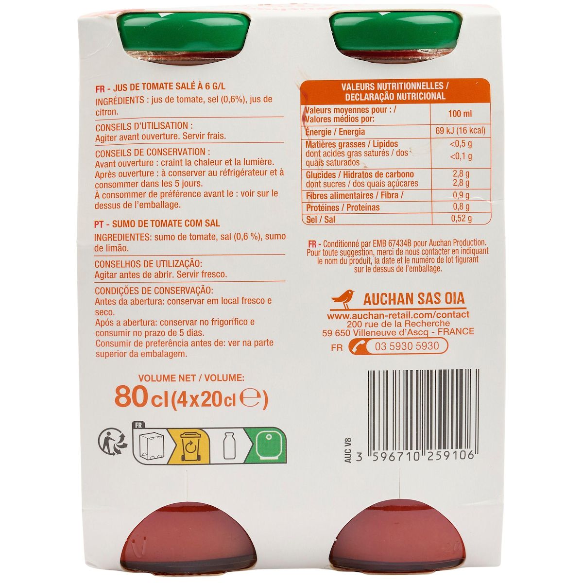 AUCHAN Pur jus de tomate bouteilles 4X20cl