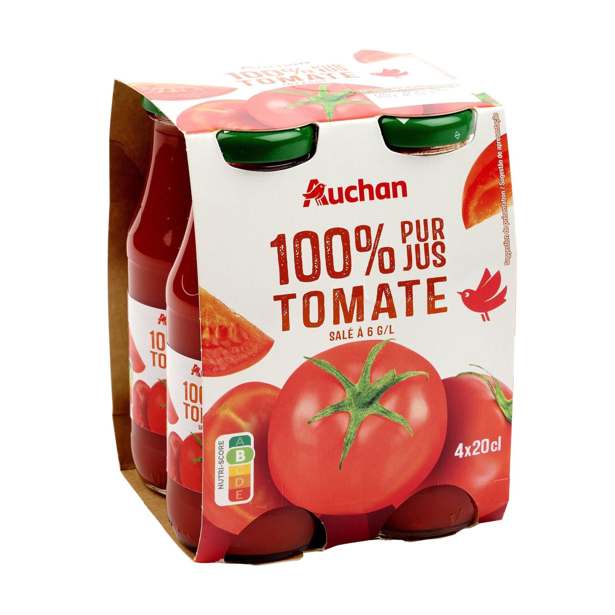 Voir la diapositive 4 : AUCHAN Pur jus de tomate bouteilles 4X20cl