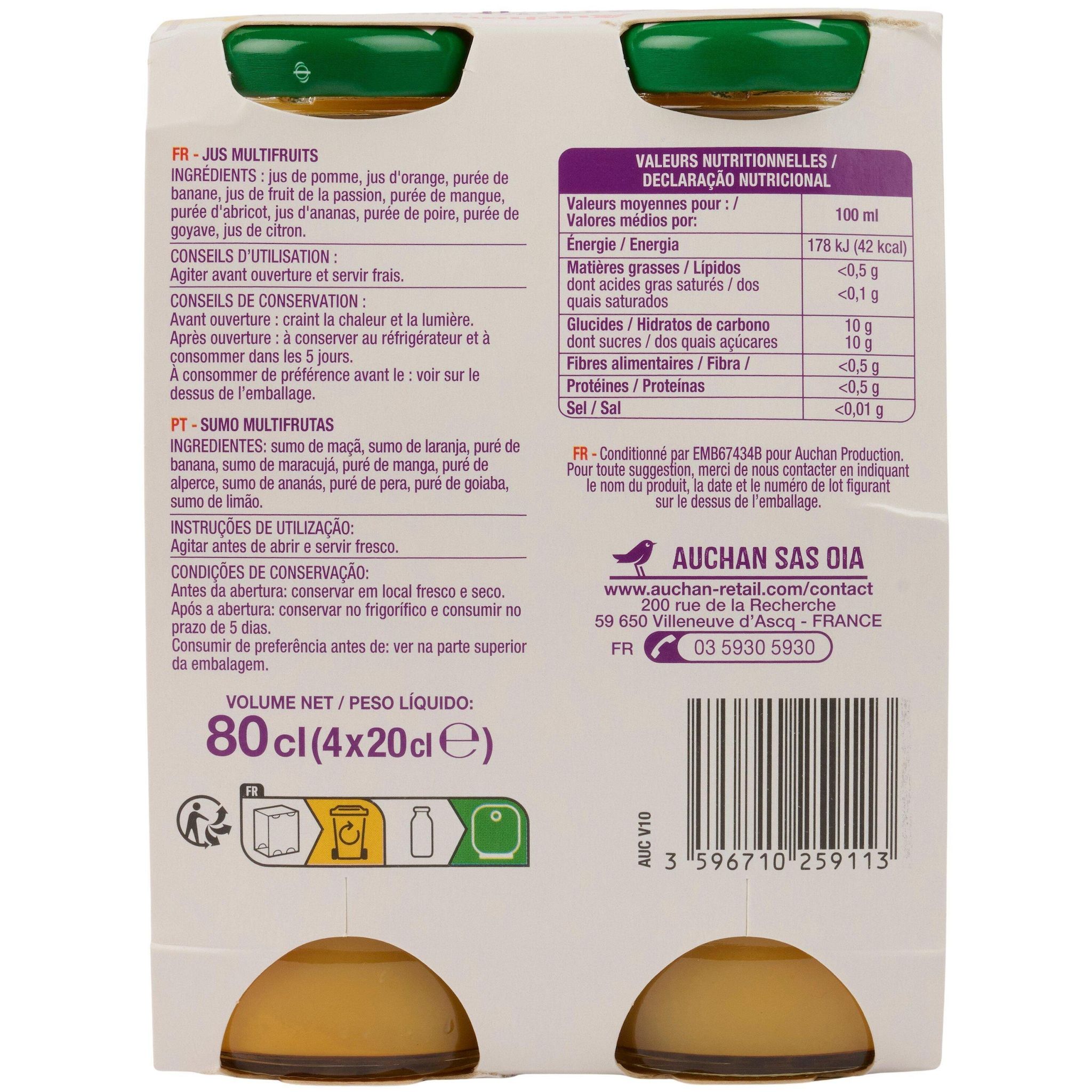 Voir la diapositive 3 : AUCHAN Pur jus multifruits bouteilles 4x20cl