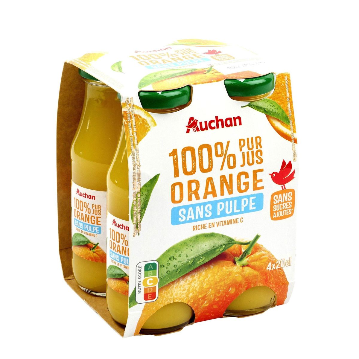 AUCHAN Pur jus d'orange bouteilles verre 4x20cl
