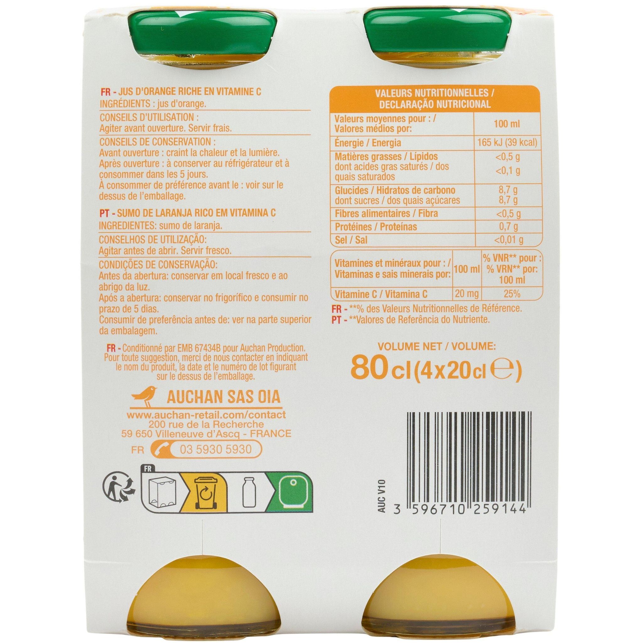 Voir la diapositive 2 : AUCHAN Pur jus d'orange bouteilles verre 4x20cl
