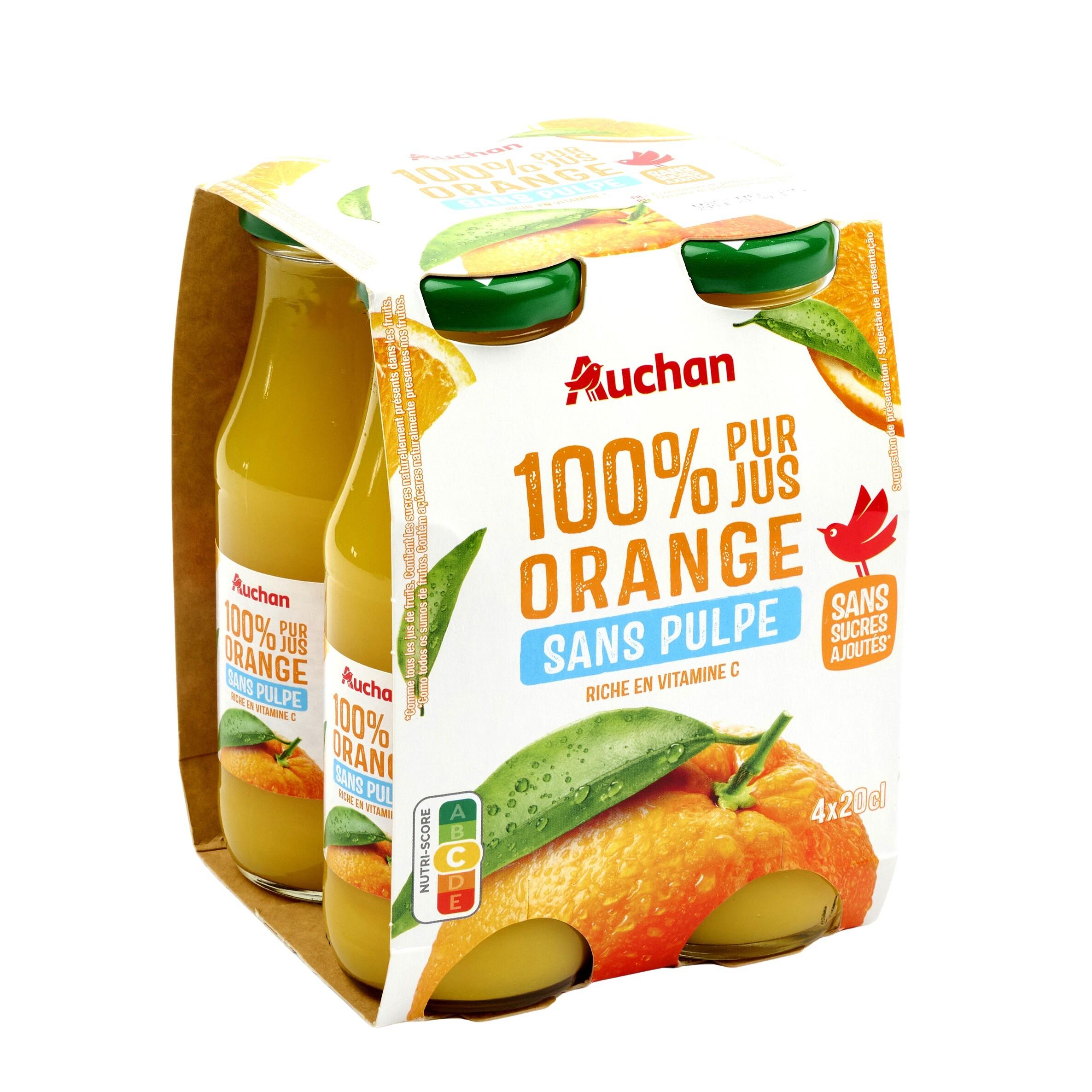 Voir la diapositive 4 : AUCHAN Pur jus d'orange bouteilles verre 4x20cl