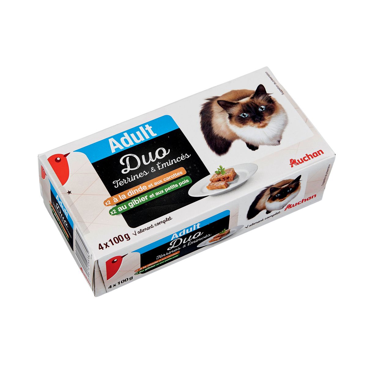 AUCHAN Adult duo barquettes terrines émincés dinde gibier pour chat 4 barquettes 4x100g