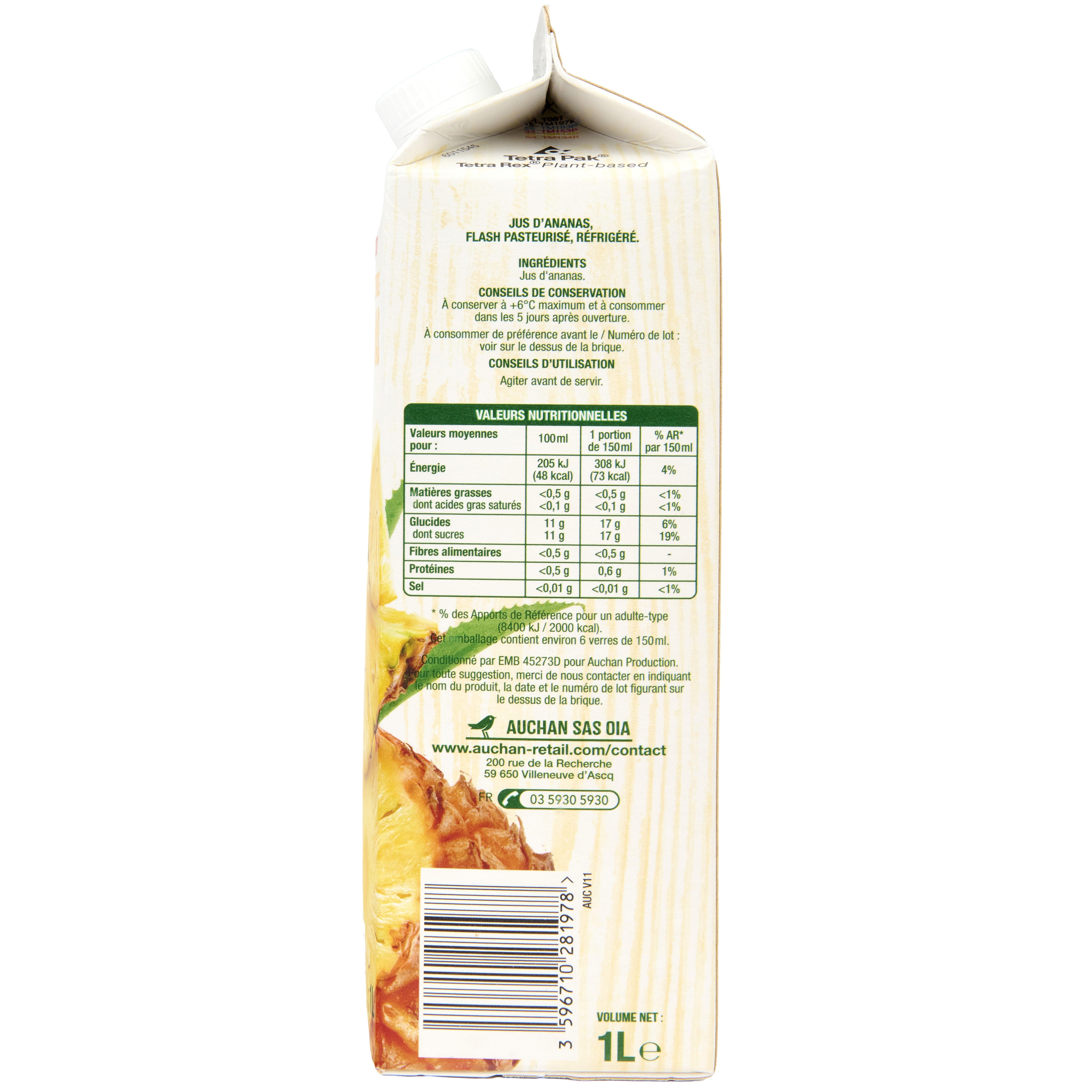 Voir la diapositive 4 : AUCHAN Pur jus d'ananas 1L