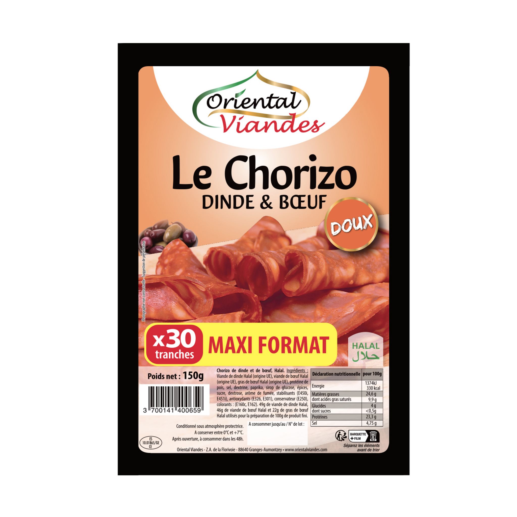 ORIENTAL VIANDES Chorizo bœuf dinde doux halal 30 tranches 150g