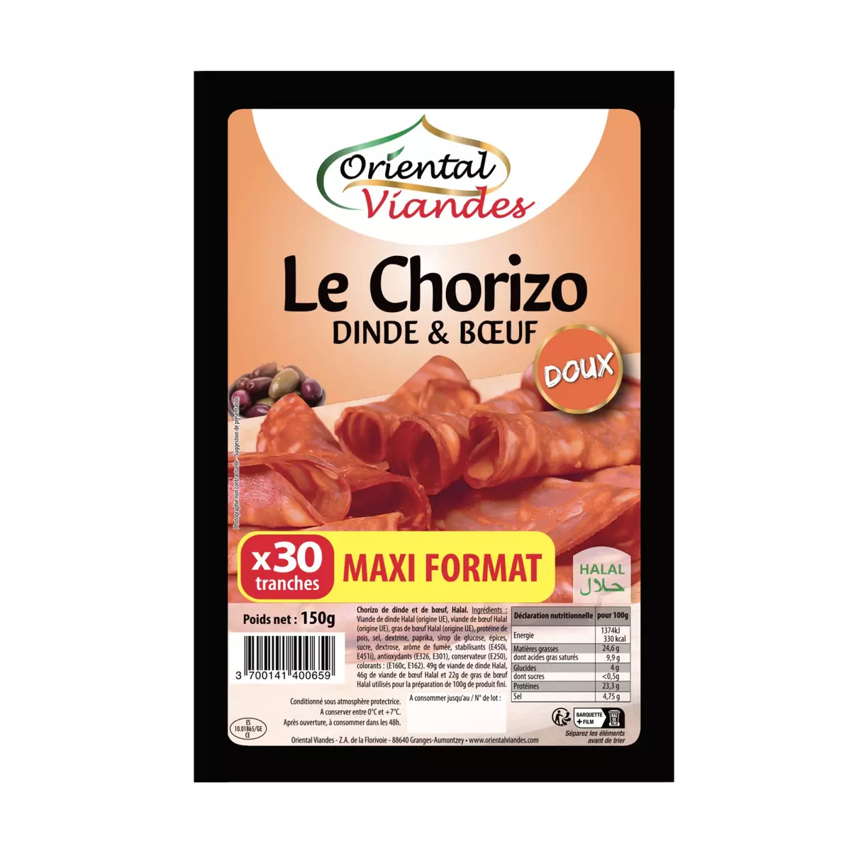 ORIENTAL VIANDES Chorizo bœuf dinde doux halal 30 tranches 150g