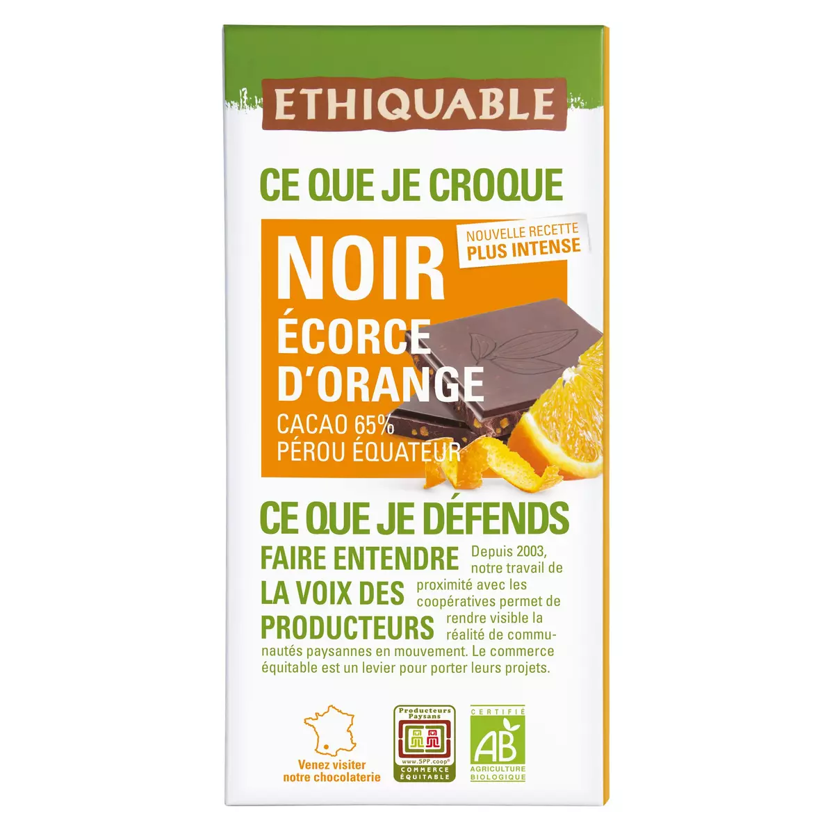 ETHIQUABLE Tablette de chocolat noir bio écorce d'orange Pérou Haïti 1 pièce 100g