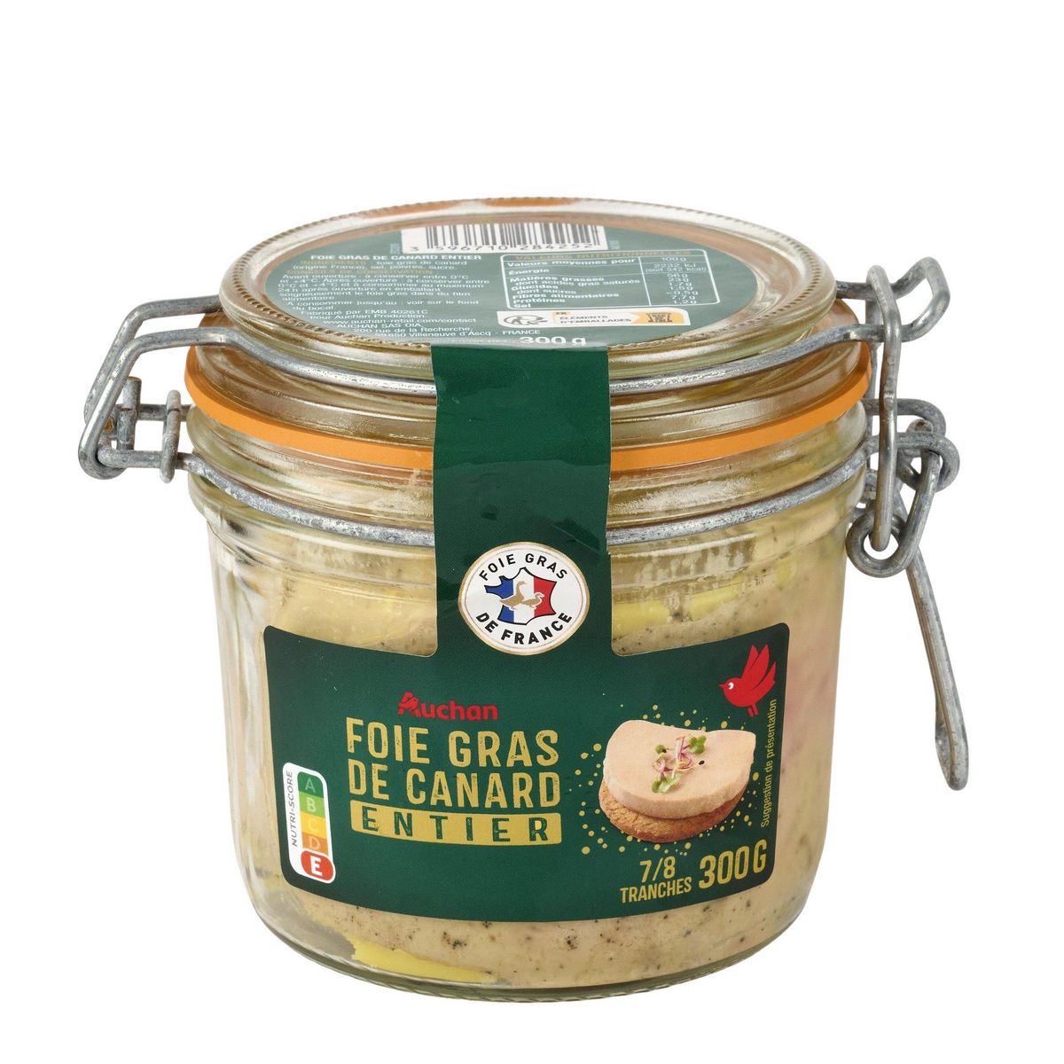 AUCHAN Foie gras de canard entier recette à l'ancienne 7/8 parts 300g
