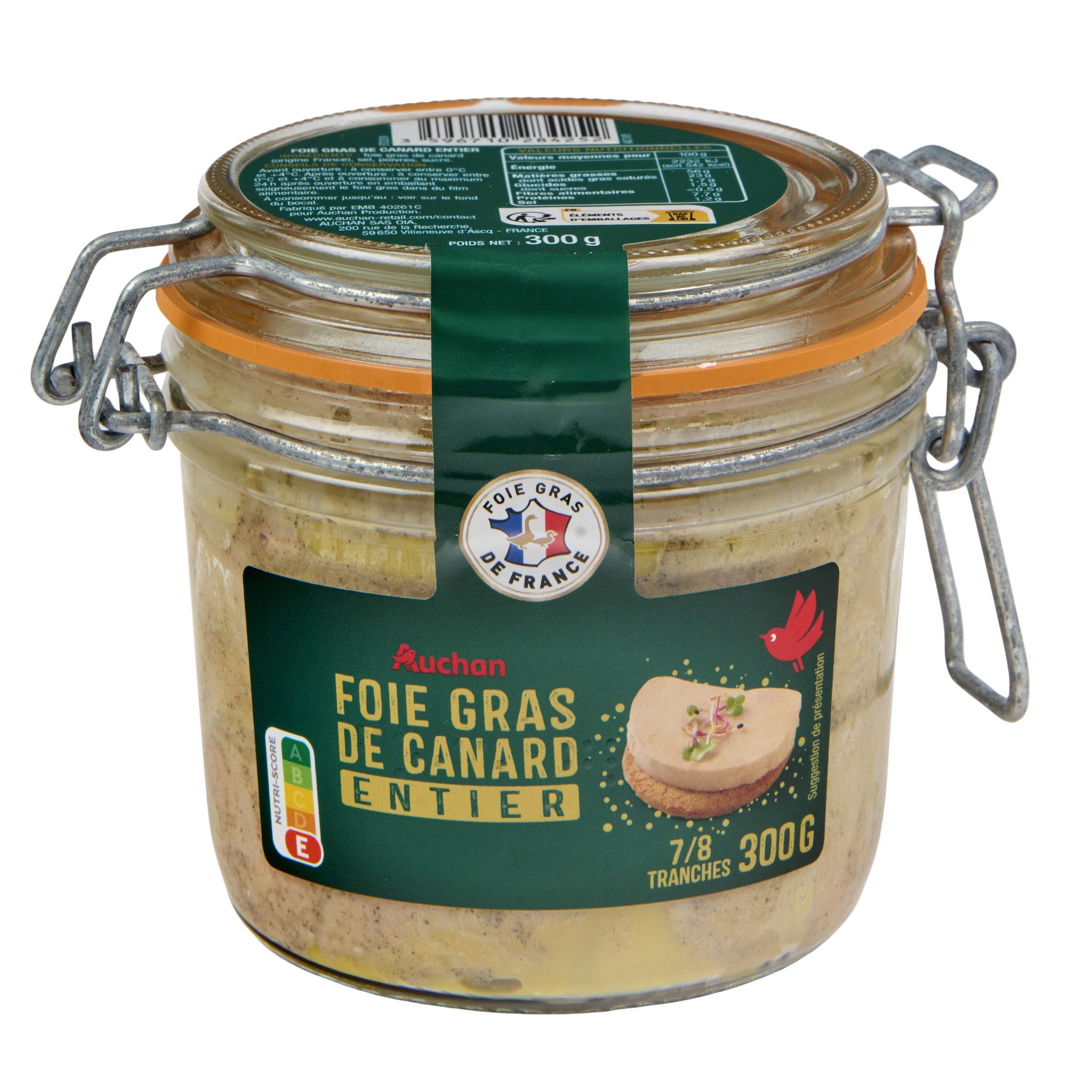 Voir la diapositive 2 : AUCHAN Foie gras de canard entier recette à l'ancienne 7/8 parts 300g