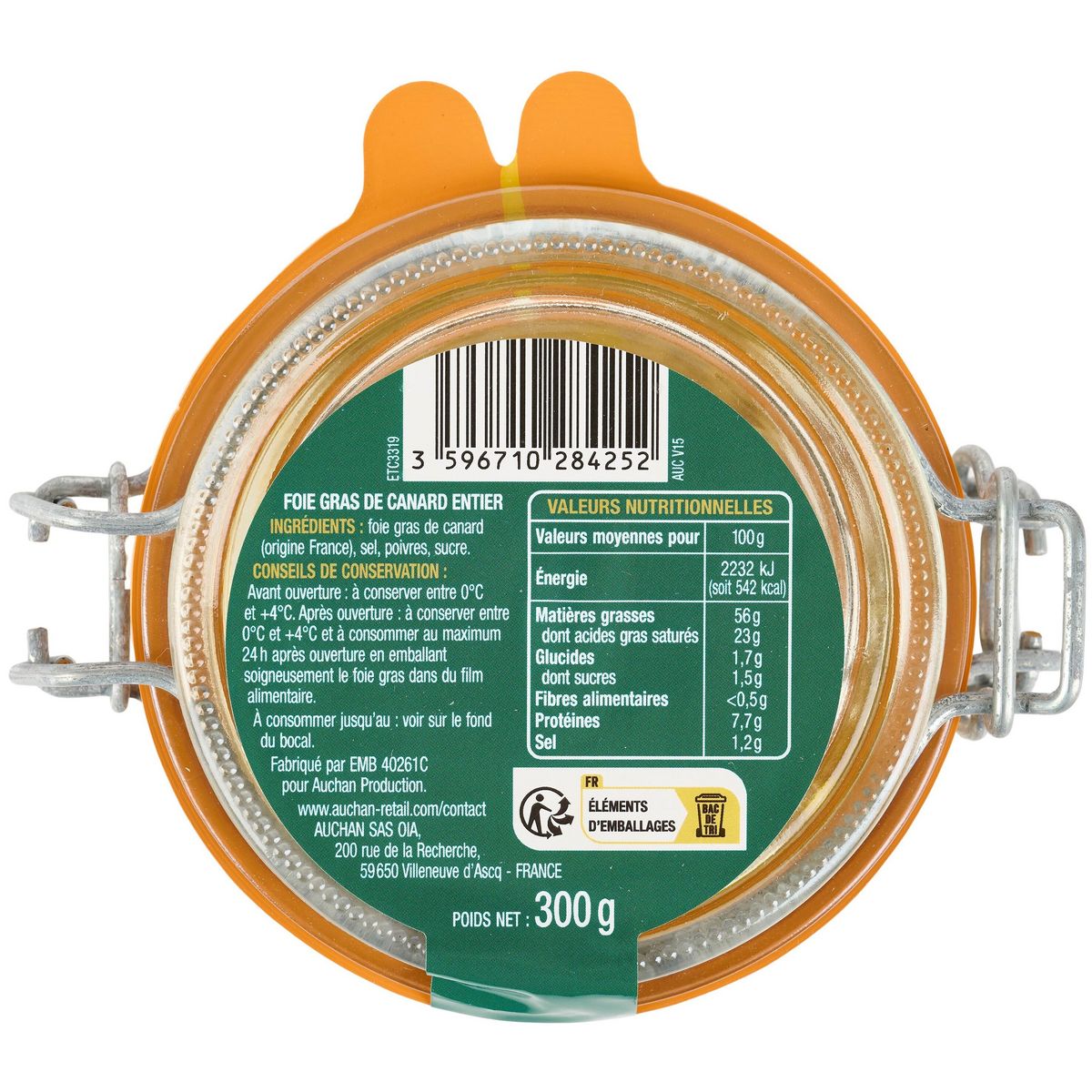 AUCHAN Foie gras de canard entier recette à l'ancienne 7/8 parts 300g