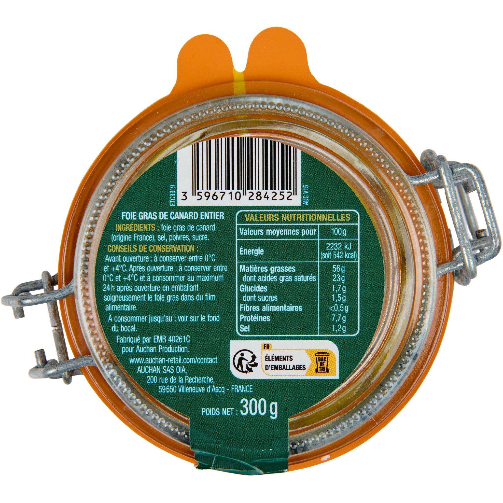 Voir la diapositive 4 : AUCHAN Foie gras de canard entier recette à l'ancienne 7/8 parts 300g