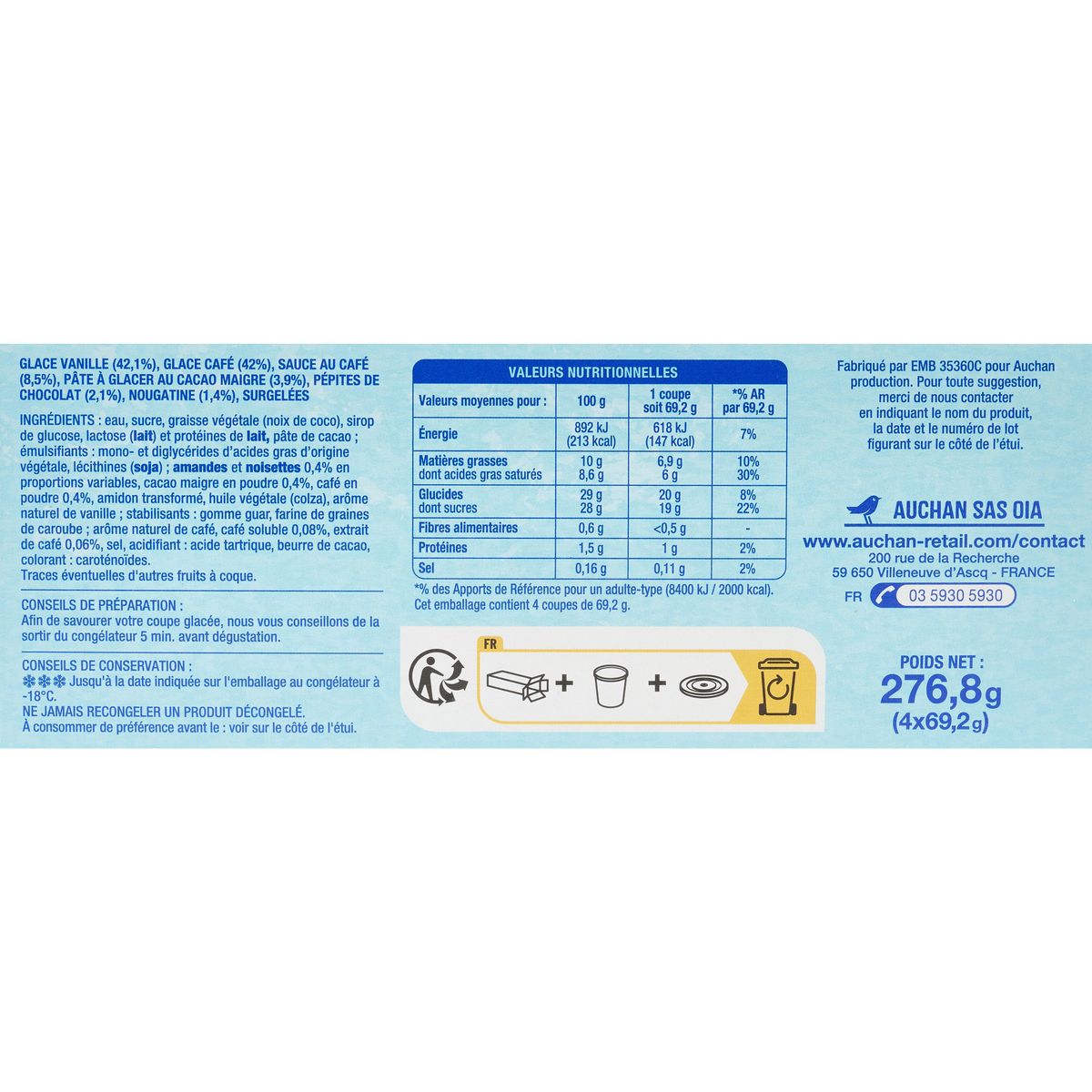 AUCHAN Café liégeois 4 pièces 276g