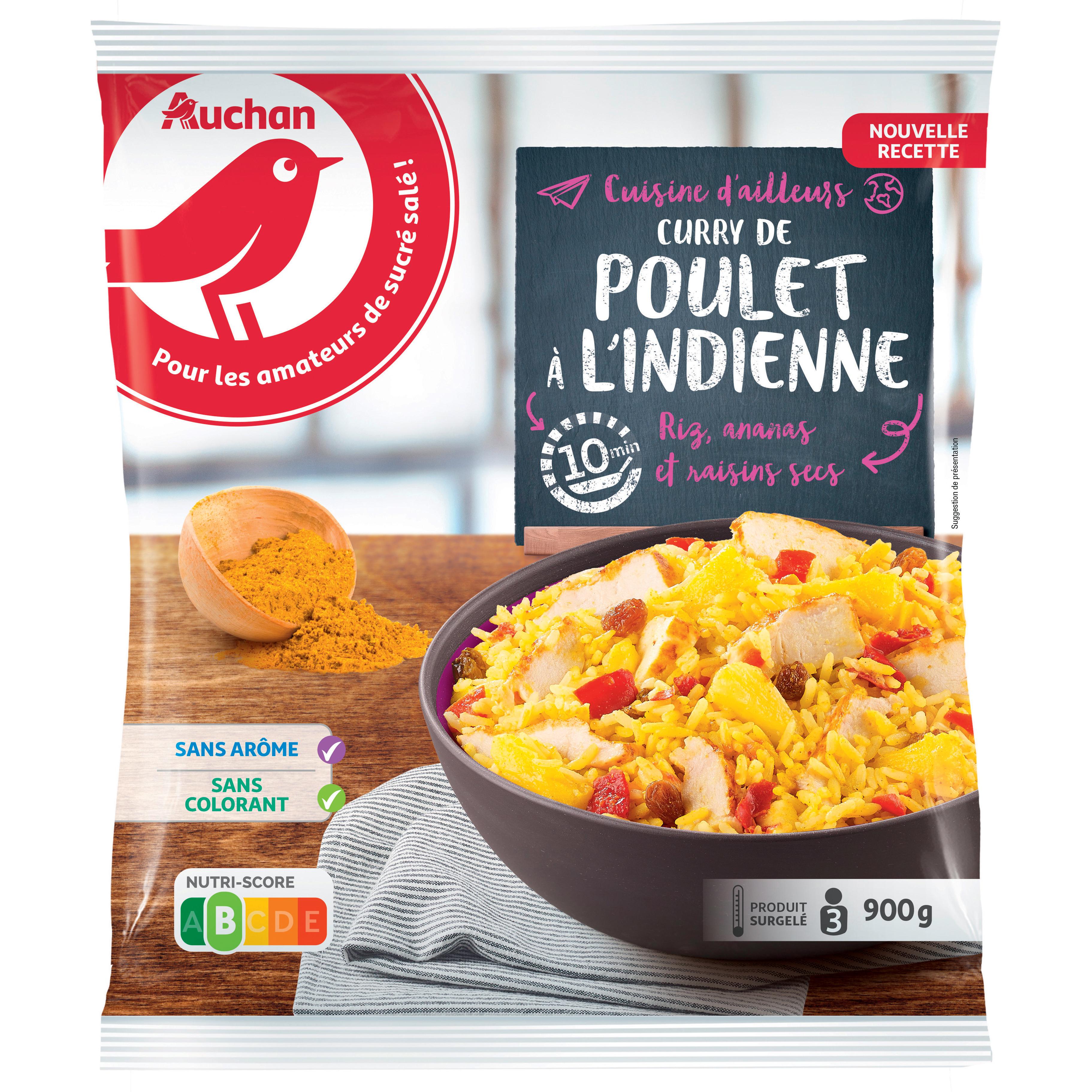 Voir la diapositive 2 : AUCHAN Curry de poulet à l'indienne 3 portions 900g