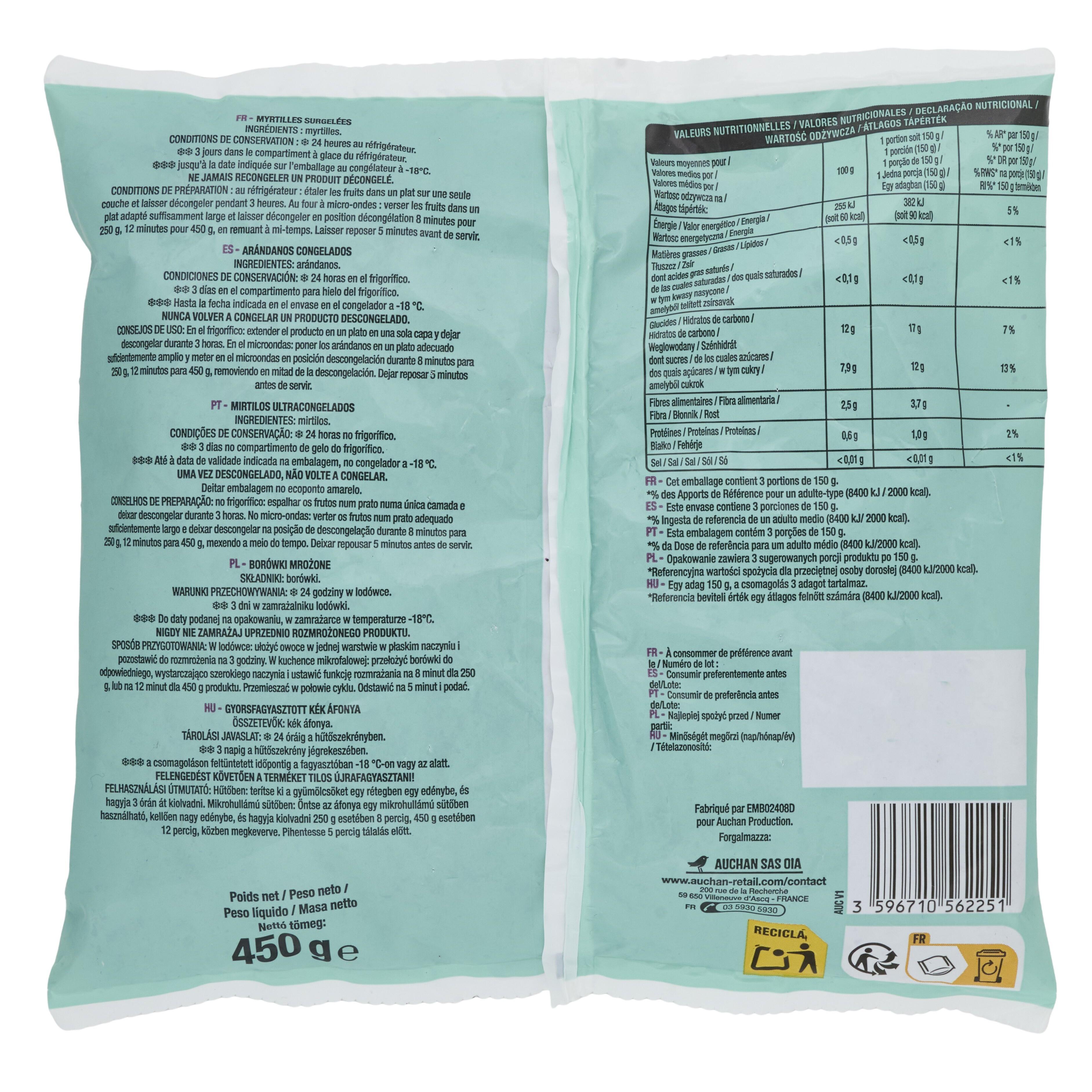 Voir la diapositive 2 : AUCHAN Myrtilles fruits entiers 450g