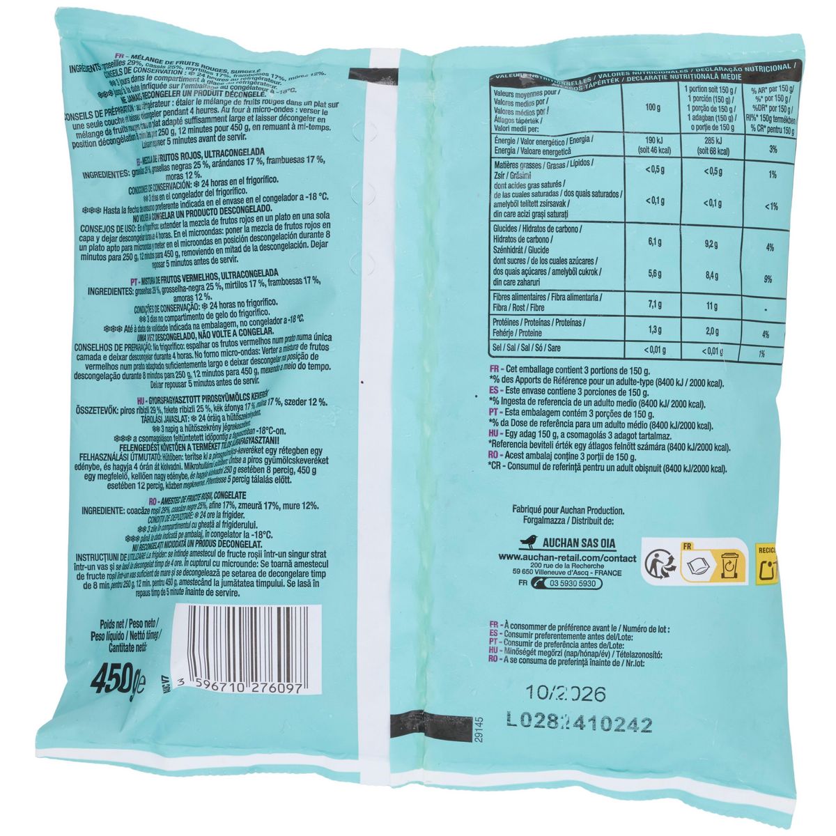 AUCHAN Mélange de fruits rouges entiers 450g