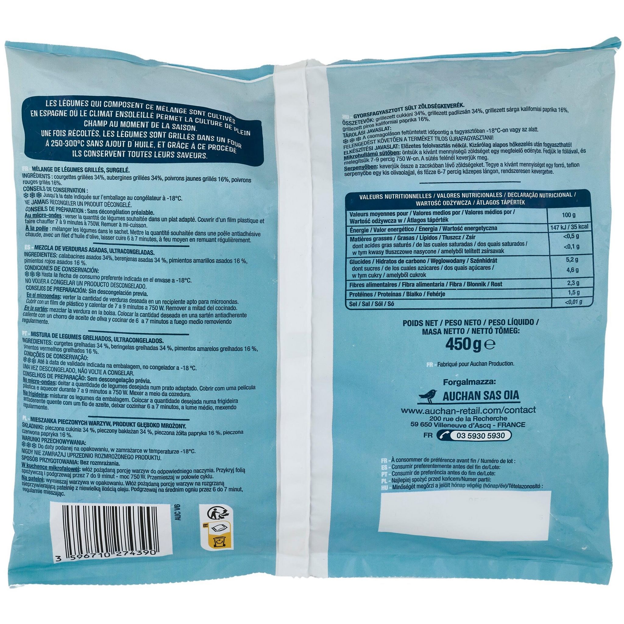 Voir la diapositive 4 : AUCHAN Mélange de légumes grillés courgettes aubergines poivrons jaunes et poivron rouges 4 portions 450g