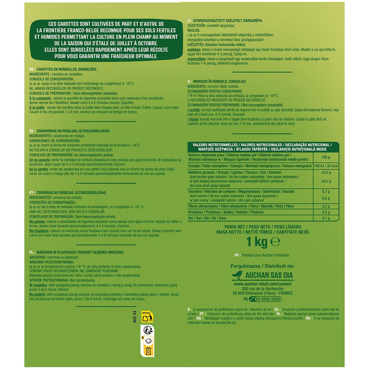 AUCHAN Carottes en rondelles 5 portions 1kg